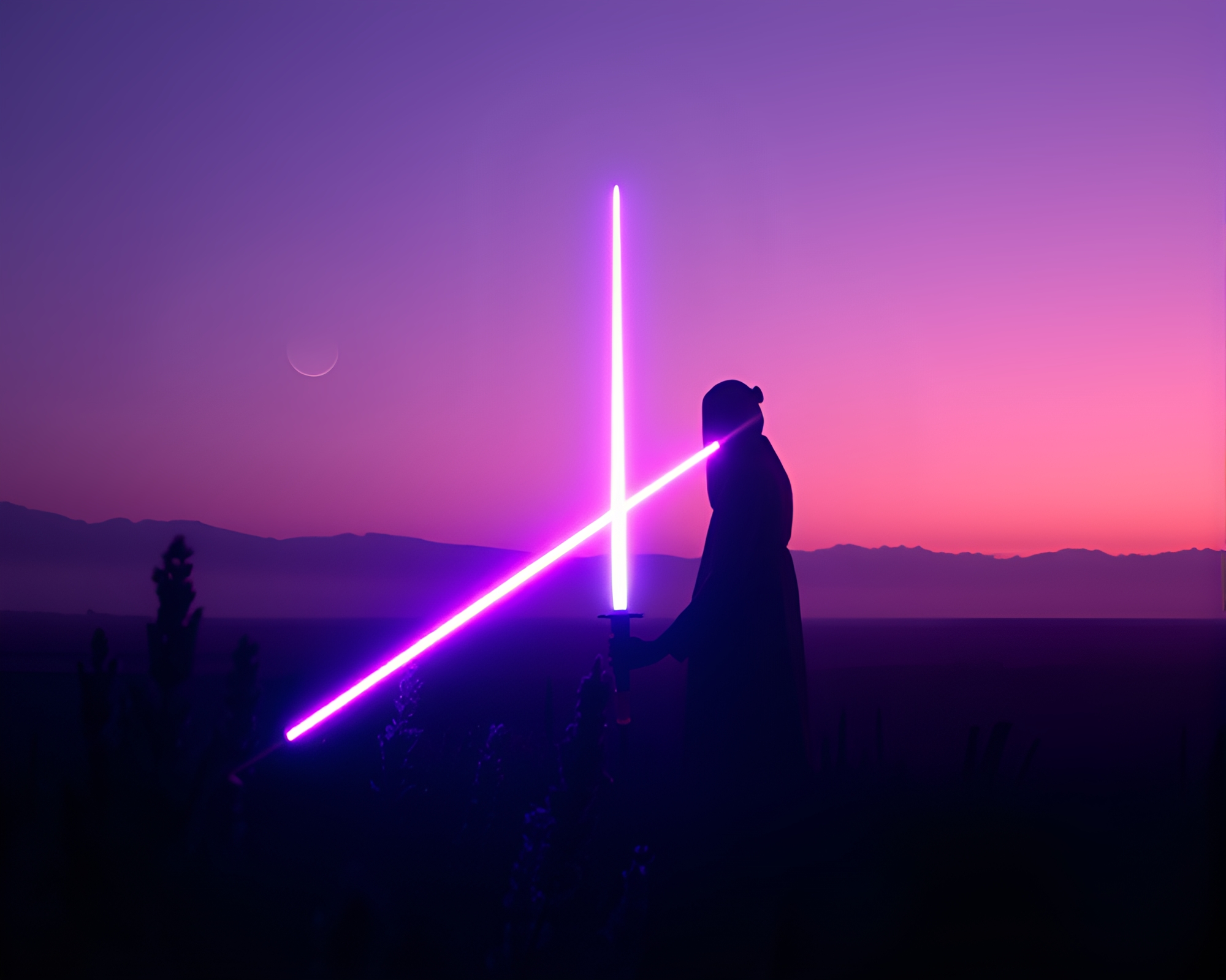 Lavender Twilight Duel: X-ray Laser Sword Silhouette Reflection – free AI stock image