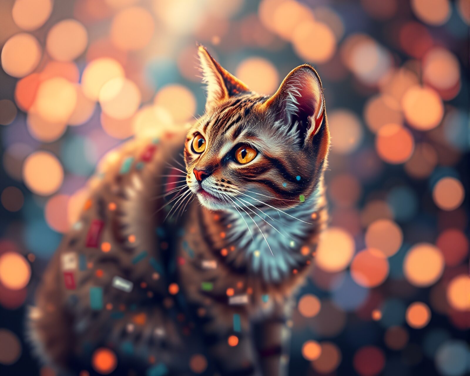 Fragmented mosaic with Schrodinger's cat in vibrant bokeh lights
