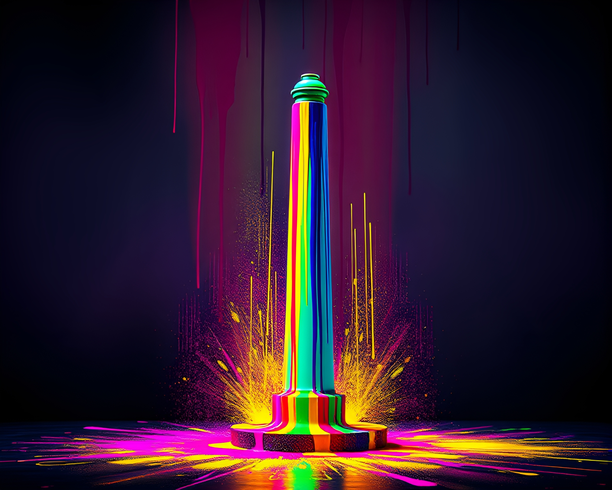 Neon Obelisk: Vibrant Spray Paint Drips Composition – free AI stock image