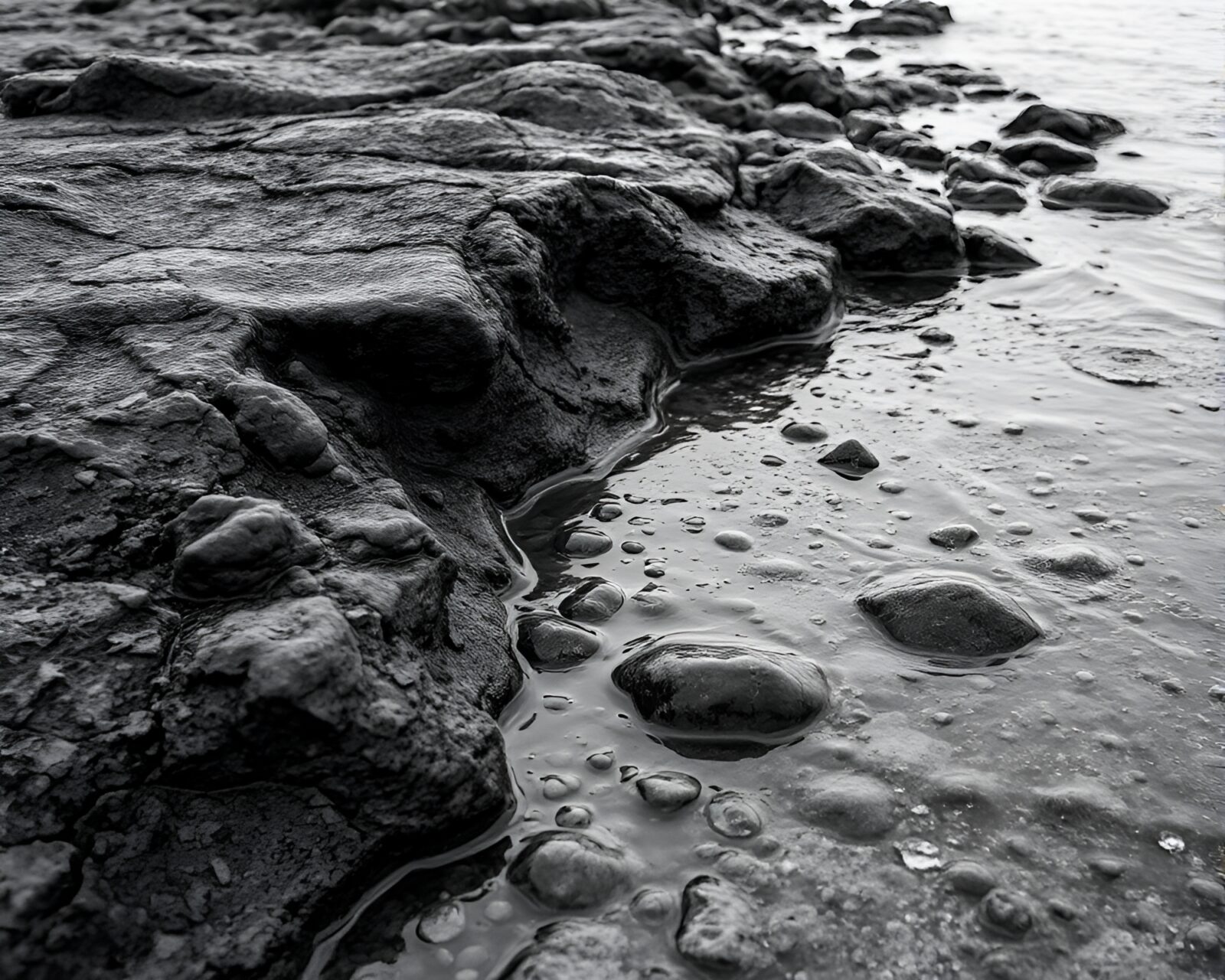 Black and white Rocky Coastline with washed-out colors