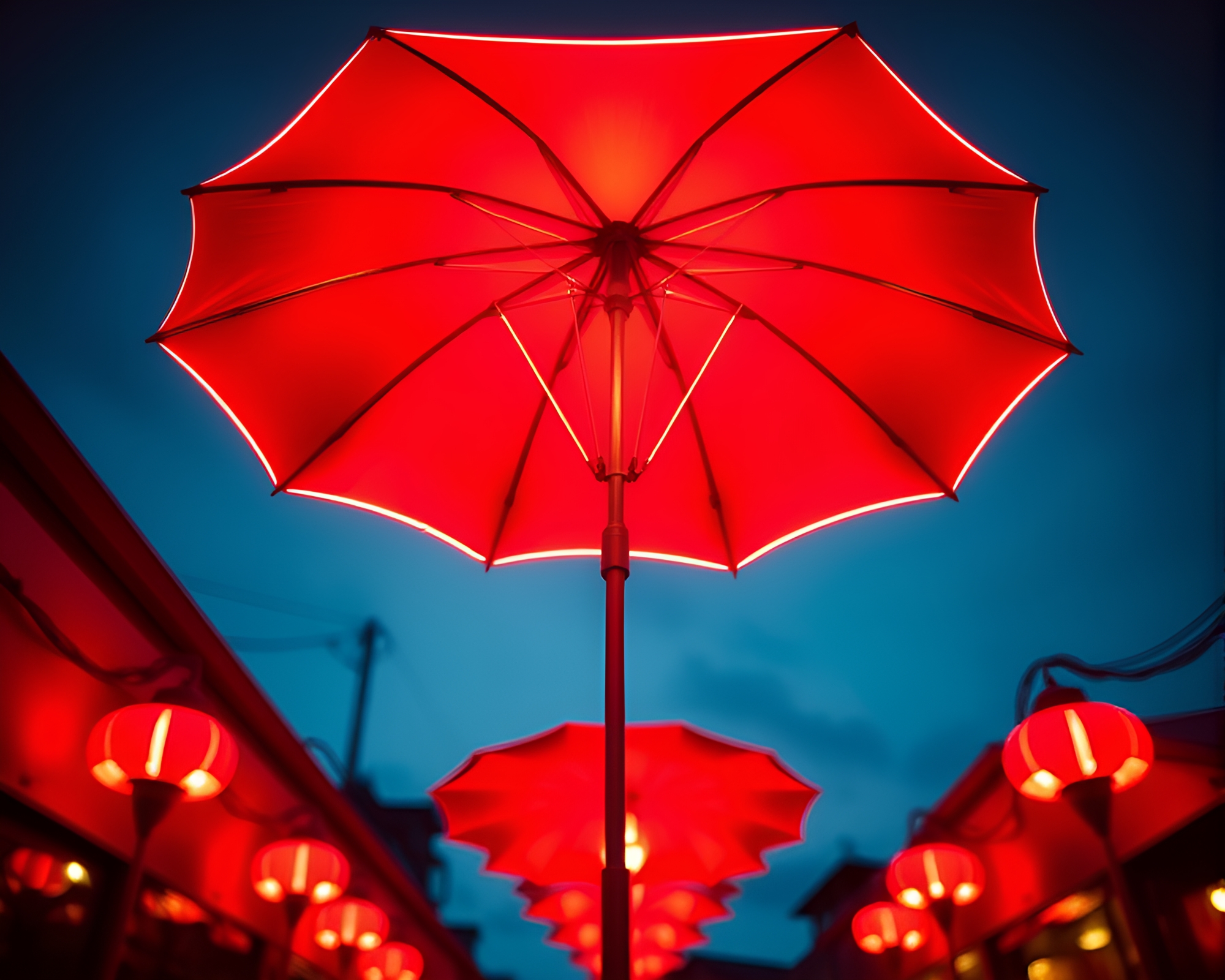 Symmetrical Neon-Lit Umbrella under Golden Hour Glow – free AI stock image