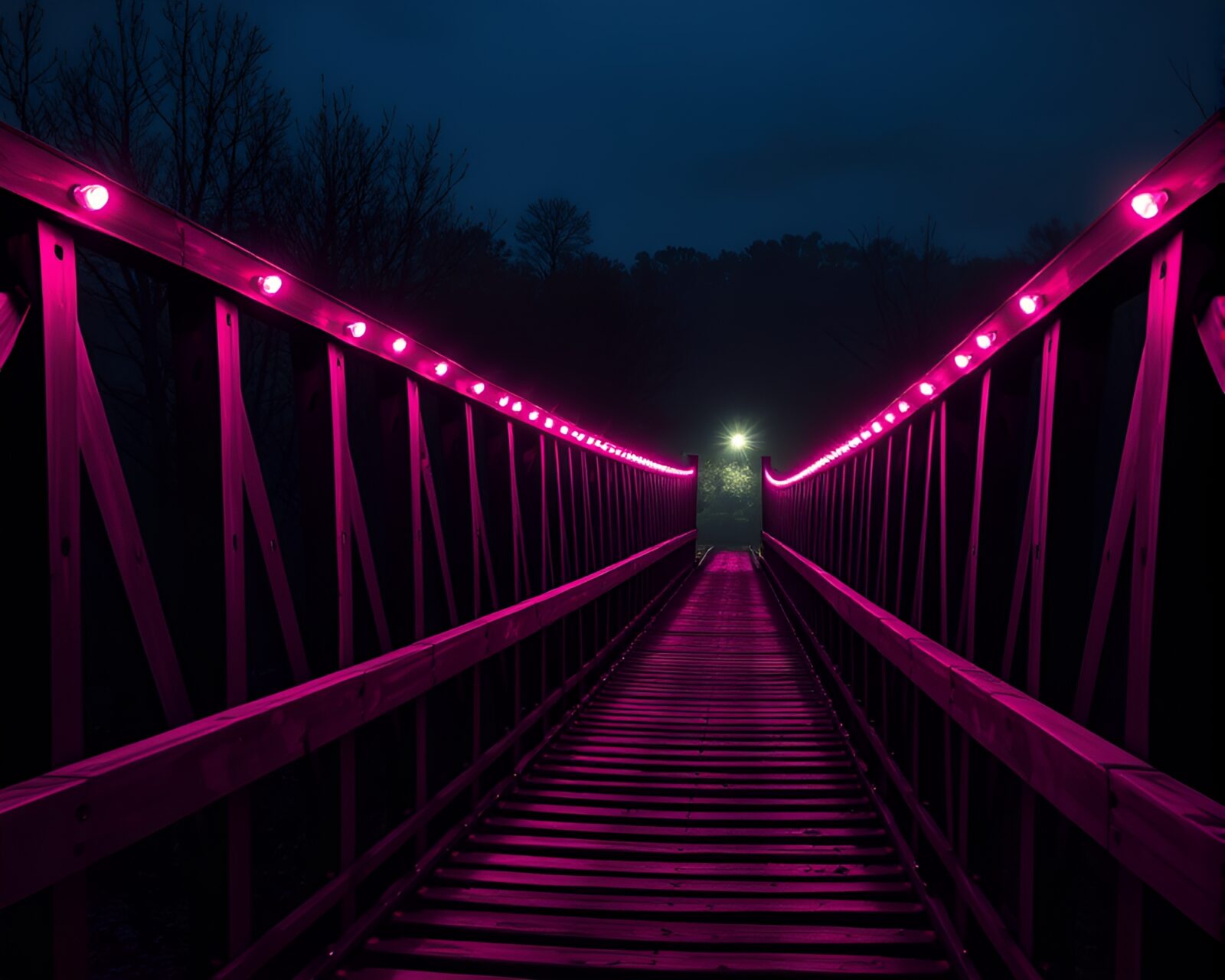 Glowing train lights streaking over a rustic bridge at night