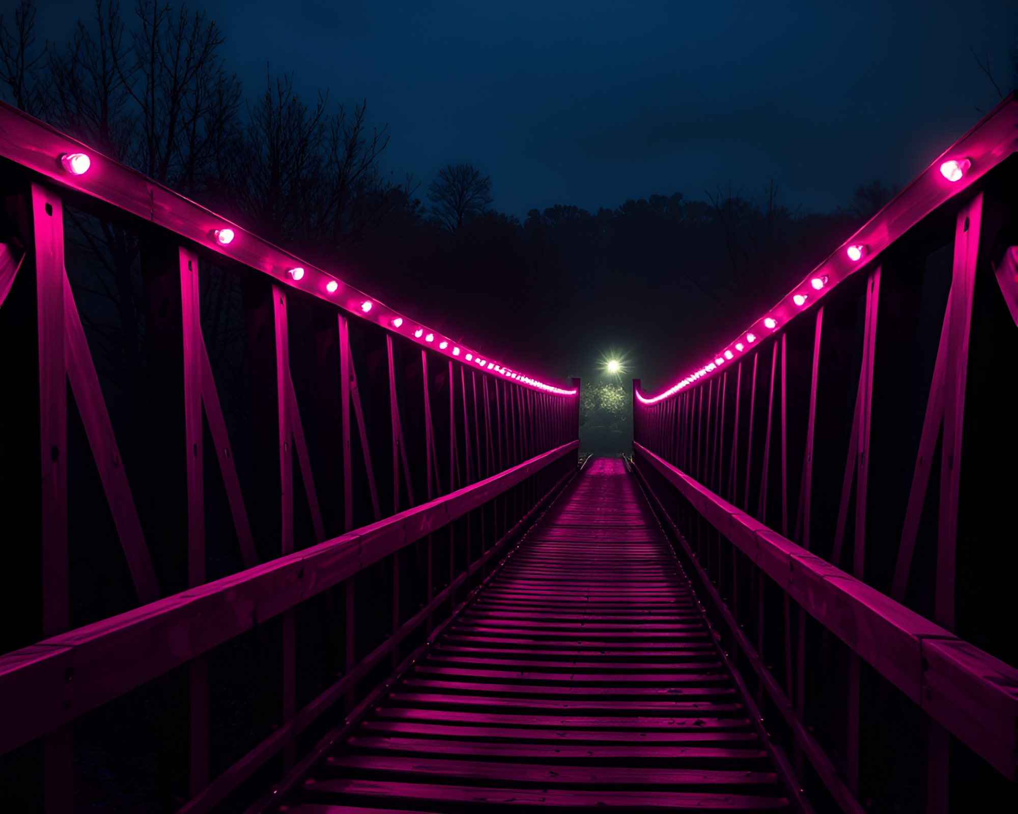 Magenta Light Trails Across Wooden Bridge – free AI stock image