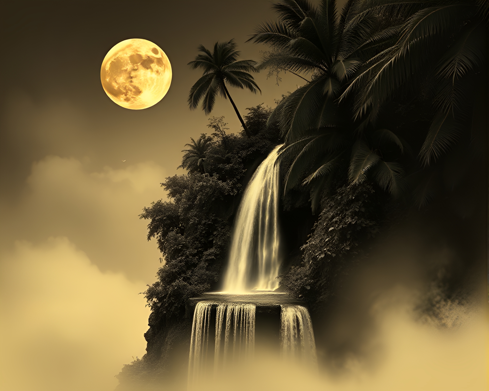 Tropical Waterfall in Moonlit Sepia Golden Spiral – free AI stock image