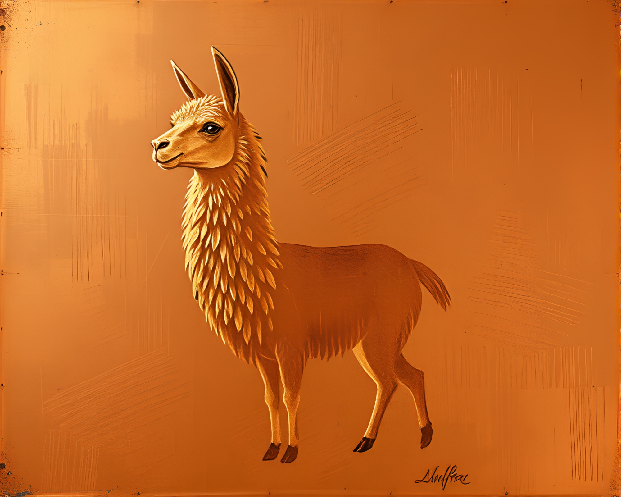 Llama Silhouette in Copper Toned Stencil Art – free AI stock image