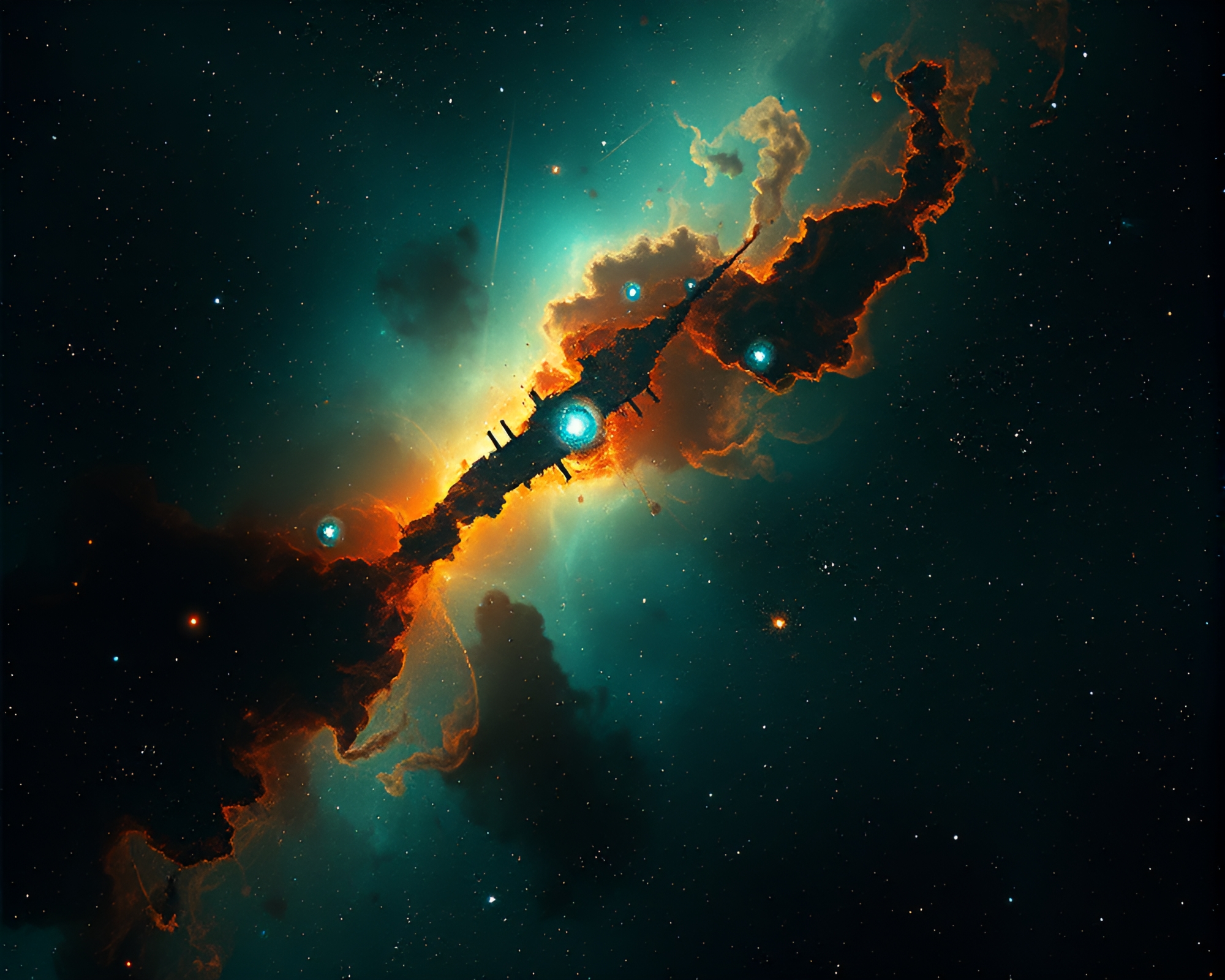 Verdigris Celestial Nebula in Dramatic Chiaroscuro – free AI stock image