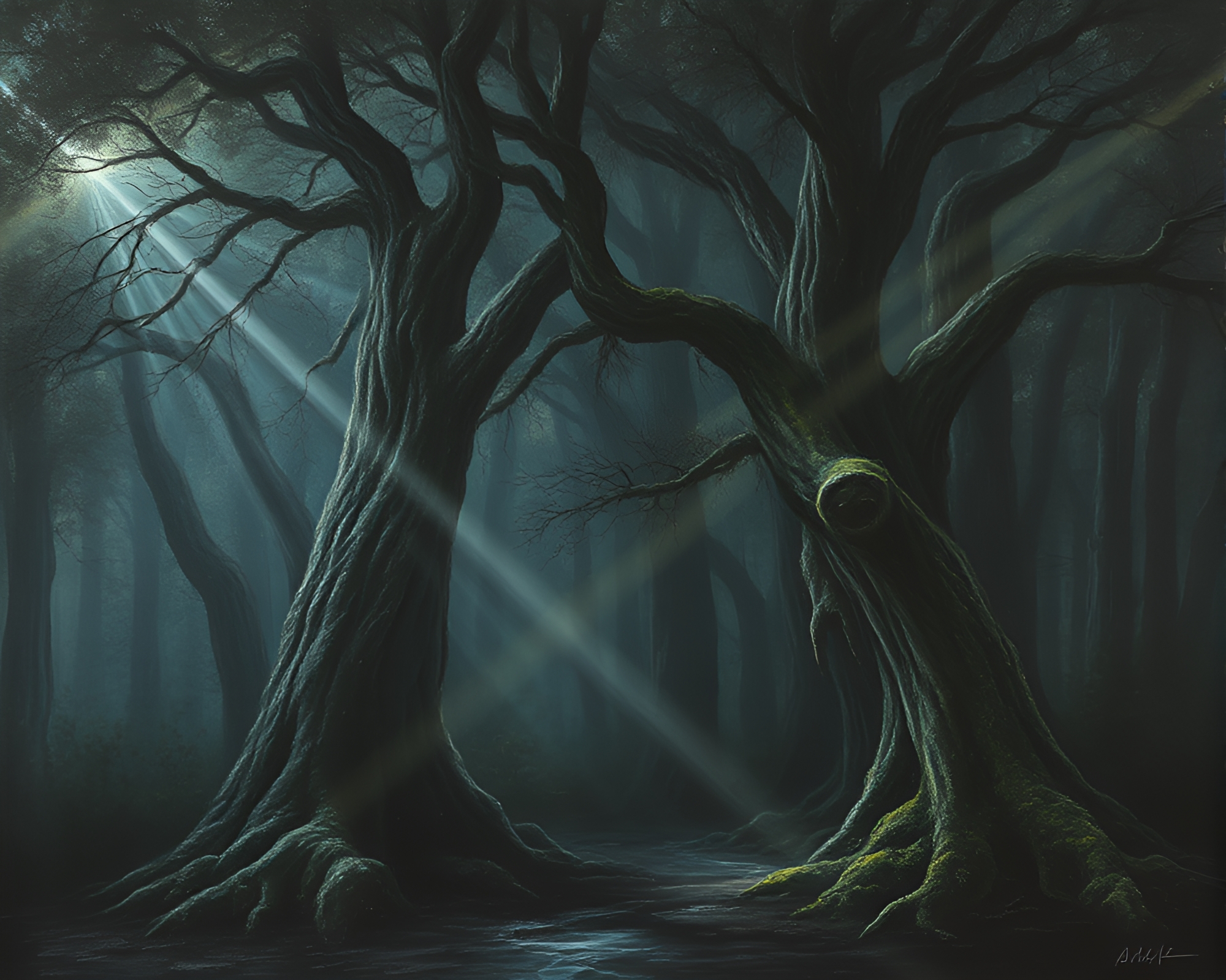 Ethereal Laser Beams in Enchanted Forest – free AI stock image