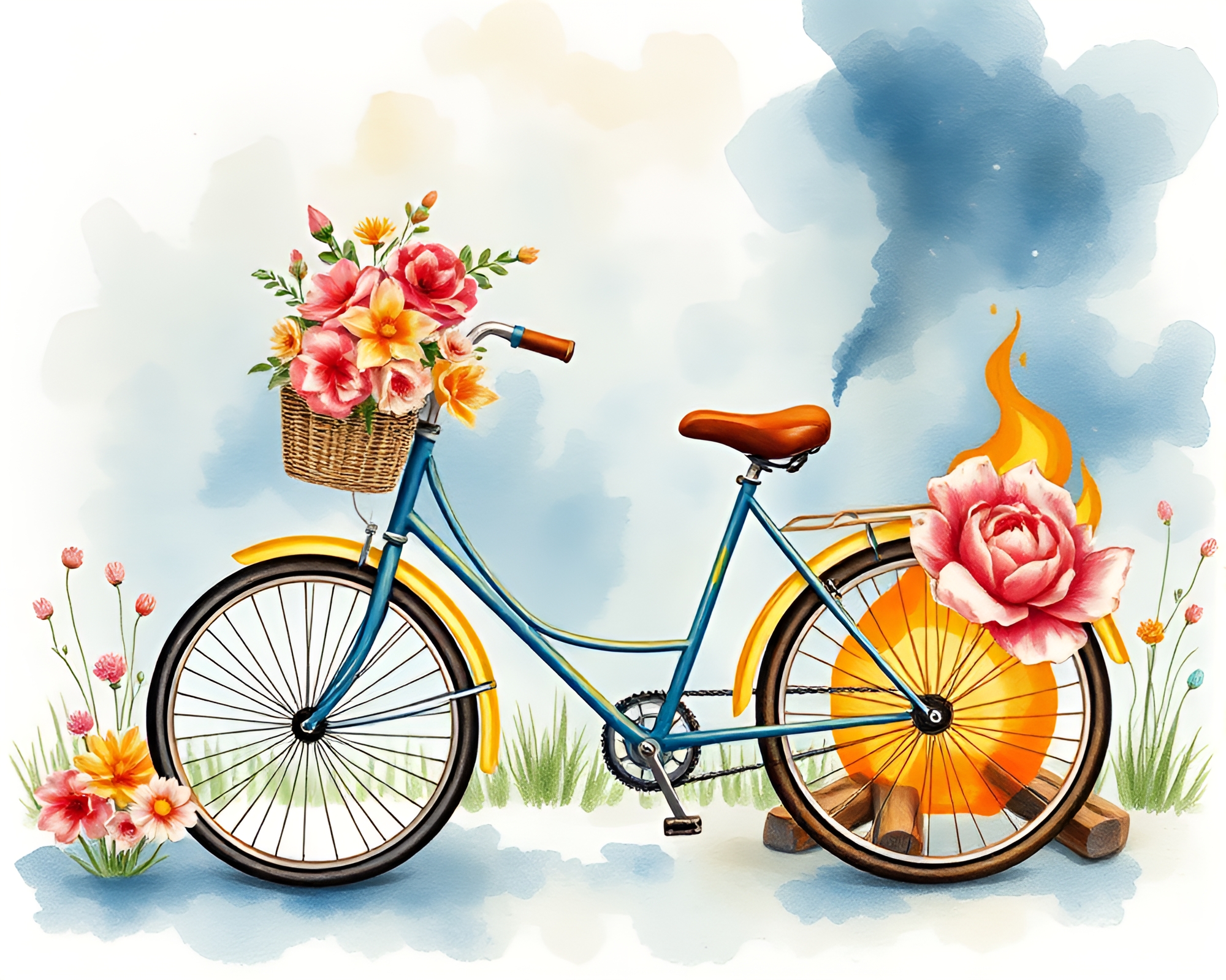 Watercolor Blooms Bicycle in Bonfire Glow – free AI stock image
