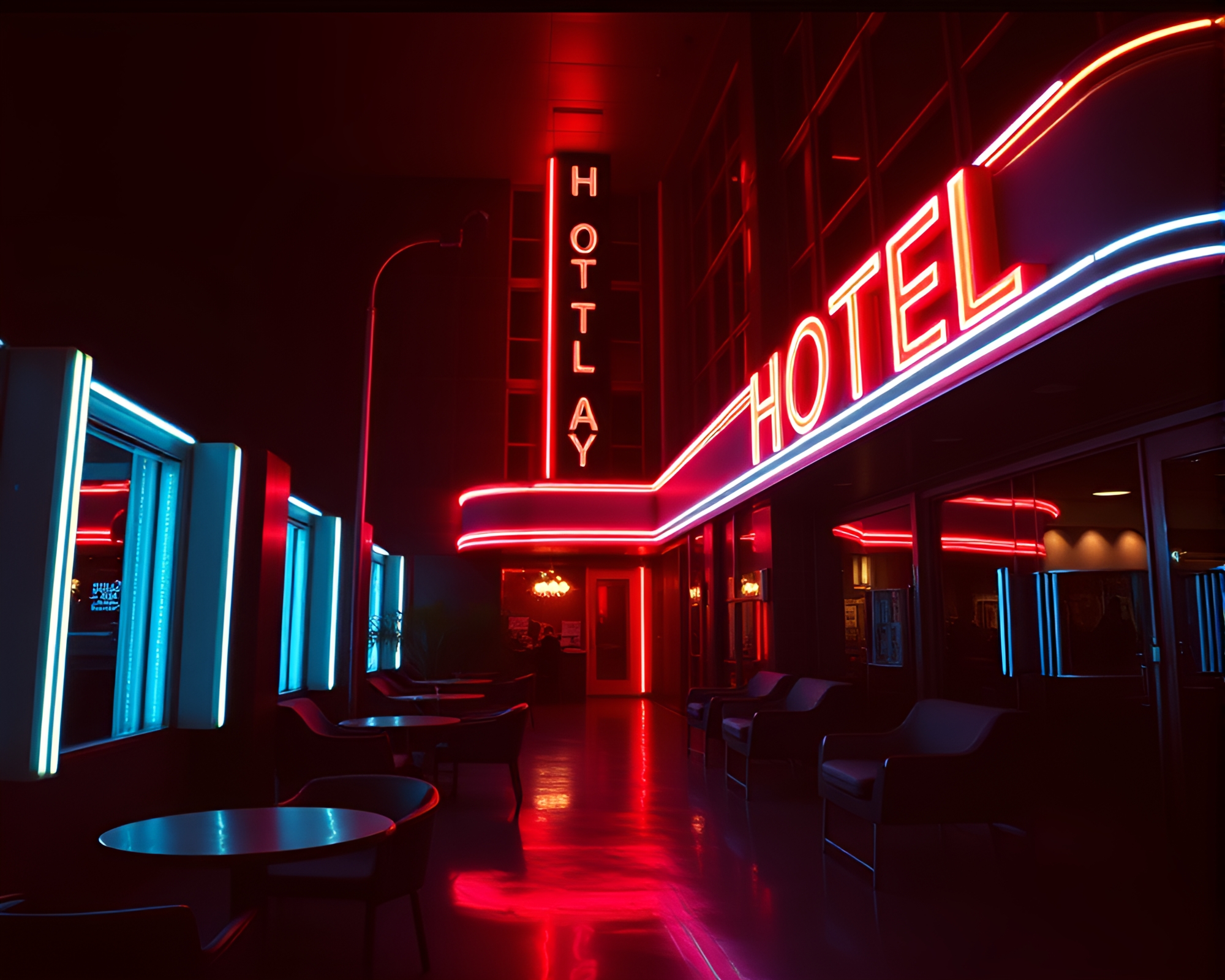 Glowing Neon Art Deco Hotel VHS Style – free AI stock image