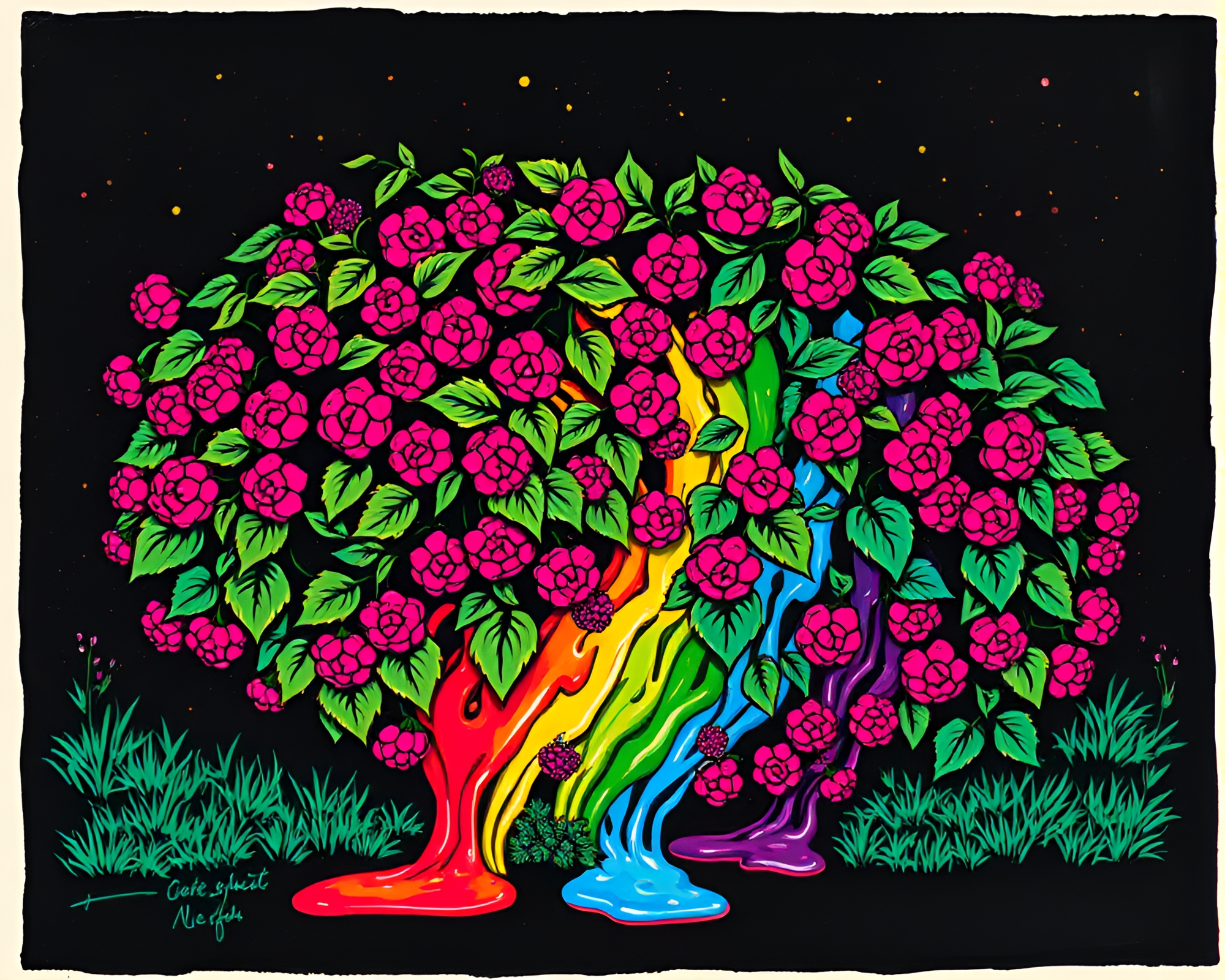 Neon Rainbow Raspberry Bush Woodcut Print – free AI stock image