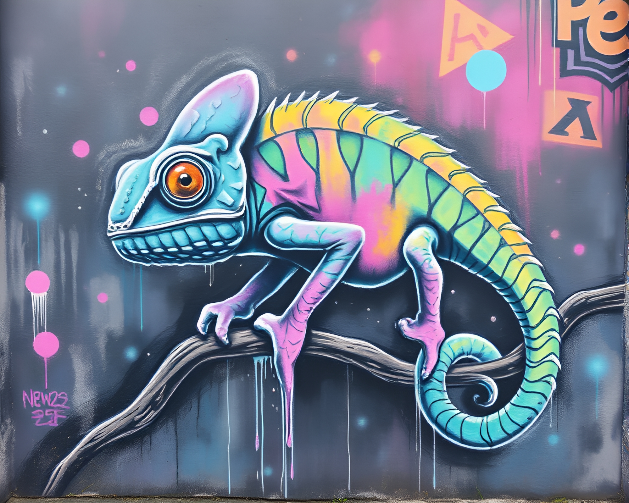 Dreamy Chalk Mural of a Camouflaged Chameleon – free AI stock image
