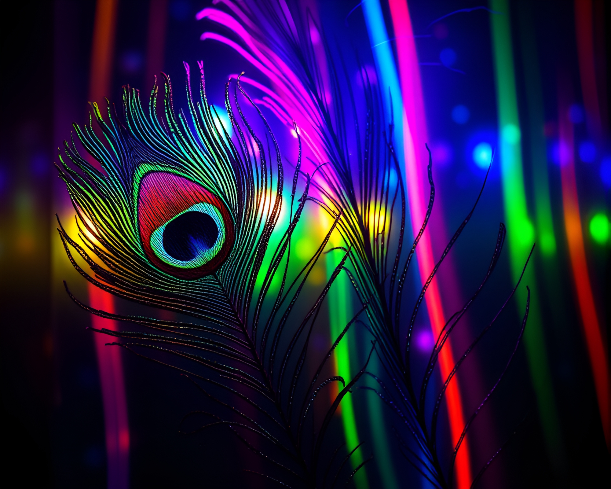 Neon Peacock Feathers in Stained Glass Glow – free AI stock image