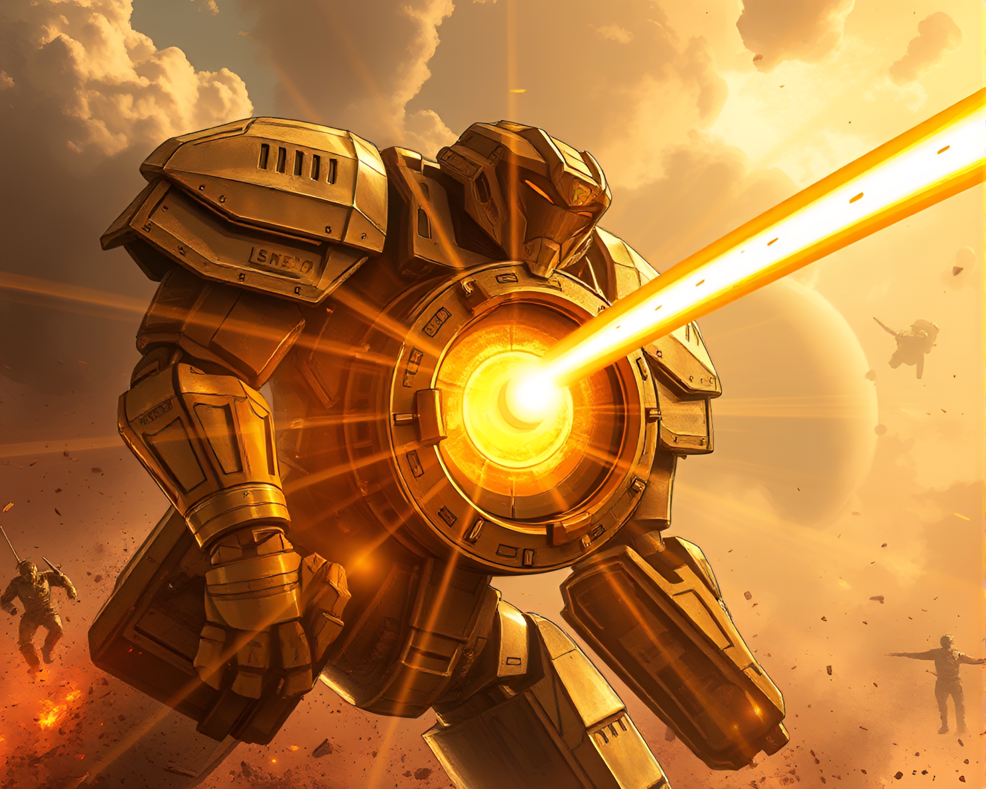 Golden Savannah Battle Mech Lens Sunburst Illustration – free AI stock image