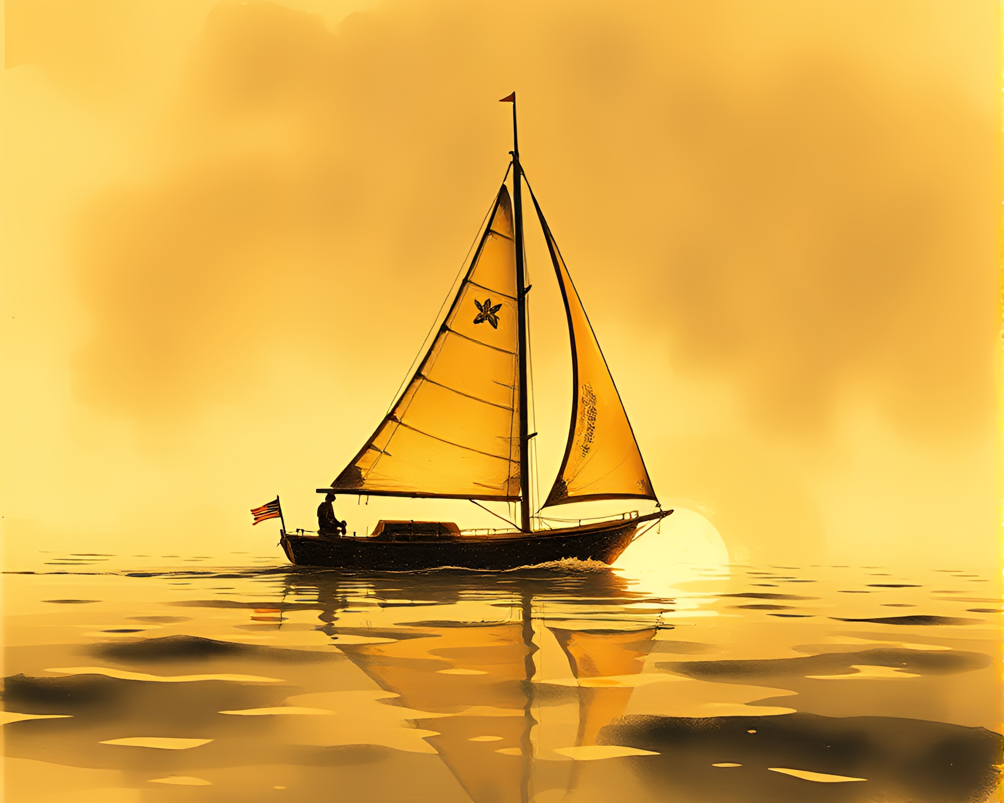 Phosphorescent Solar Sailboat in Sepia Tone Ink Wash – free AI stock image
