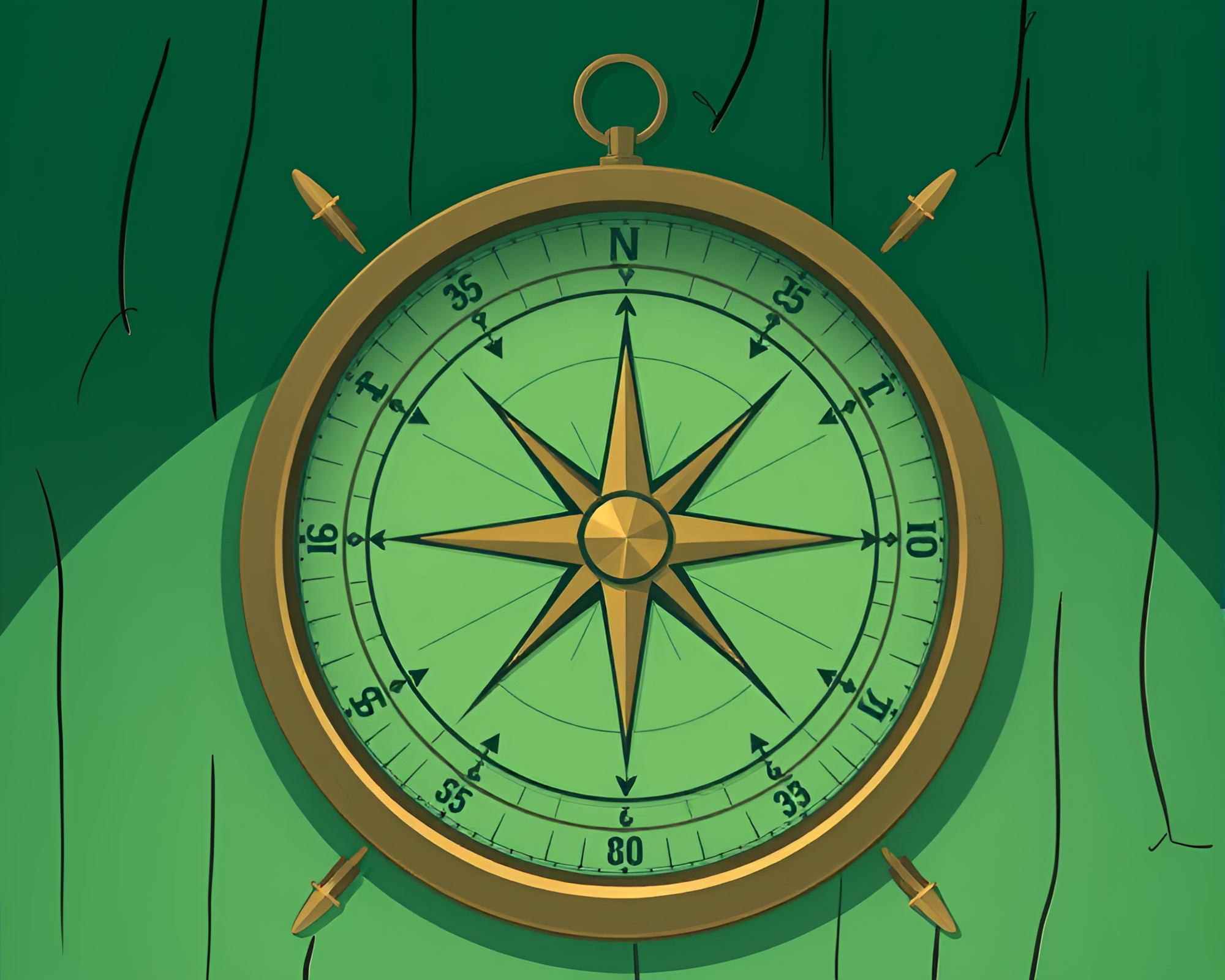 Cartoon Antique Compass Nestled in Forest Green Scene – free AI stock image