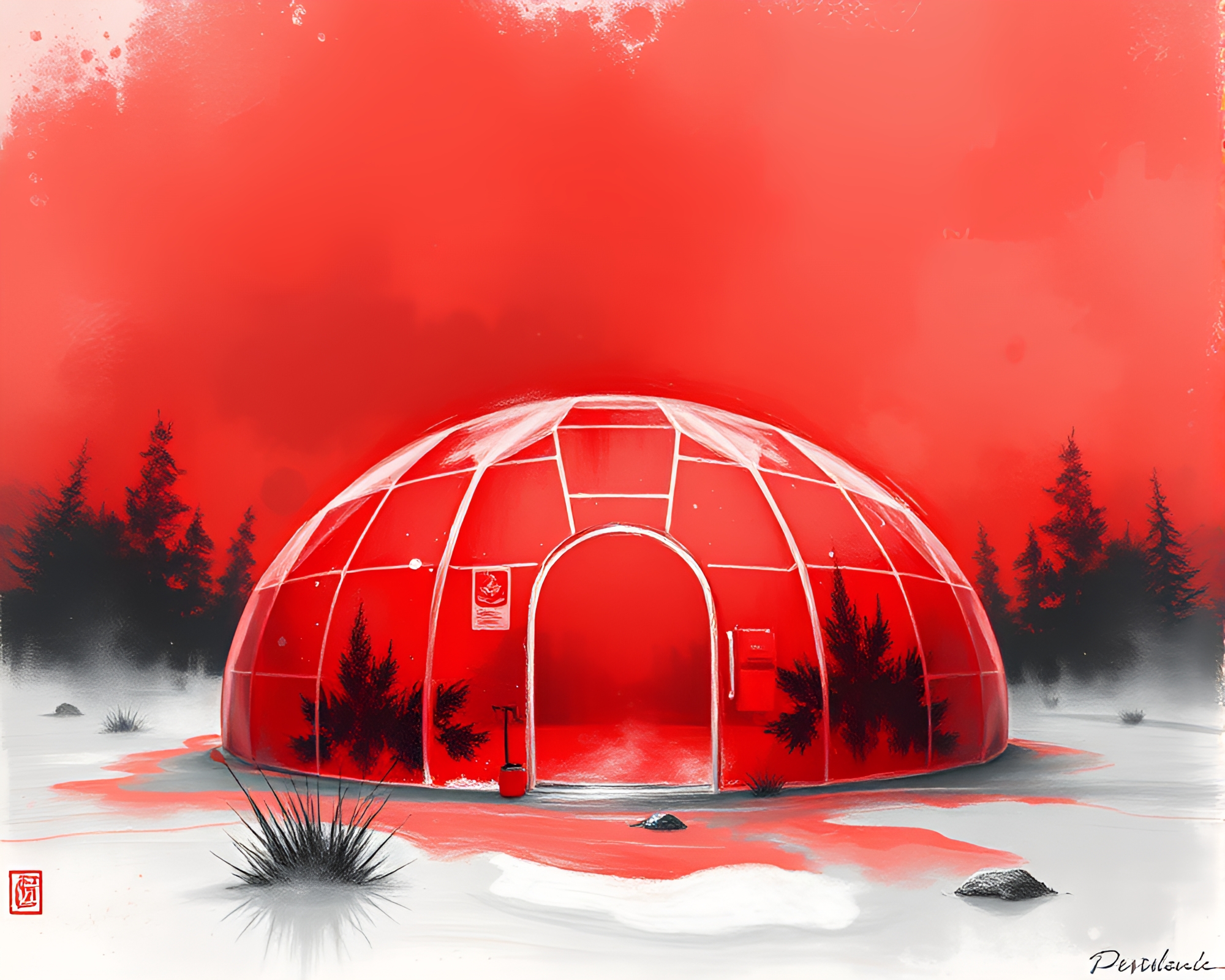 Ethereal Glass Igloo Bathed in Monochrome Red Steam – free AI stock image