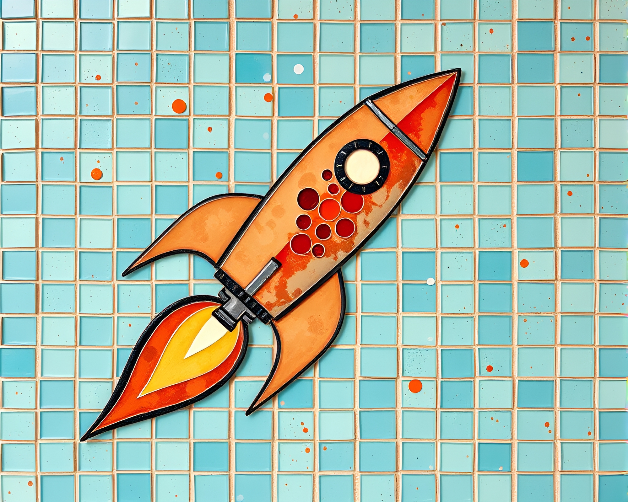Turquoise Rocket Launching Through Splatter Art Mosaic Tiling – free AI stock image