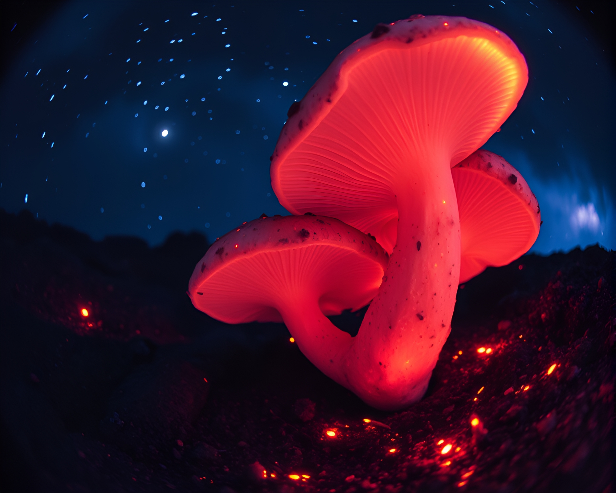 Bioluminescent Fungi Under Volcanic Ash Fisheye Ultraviolet Light – free AI stock image