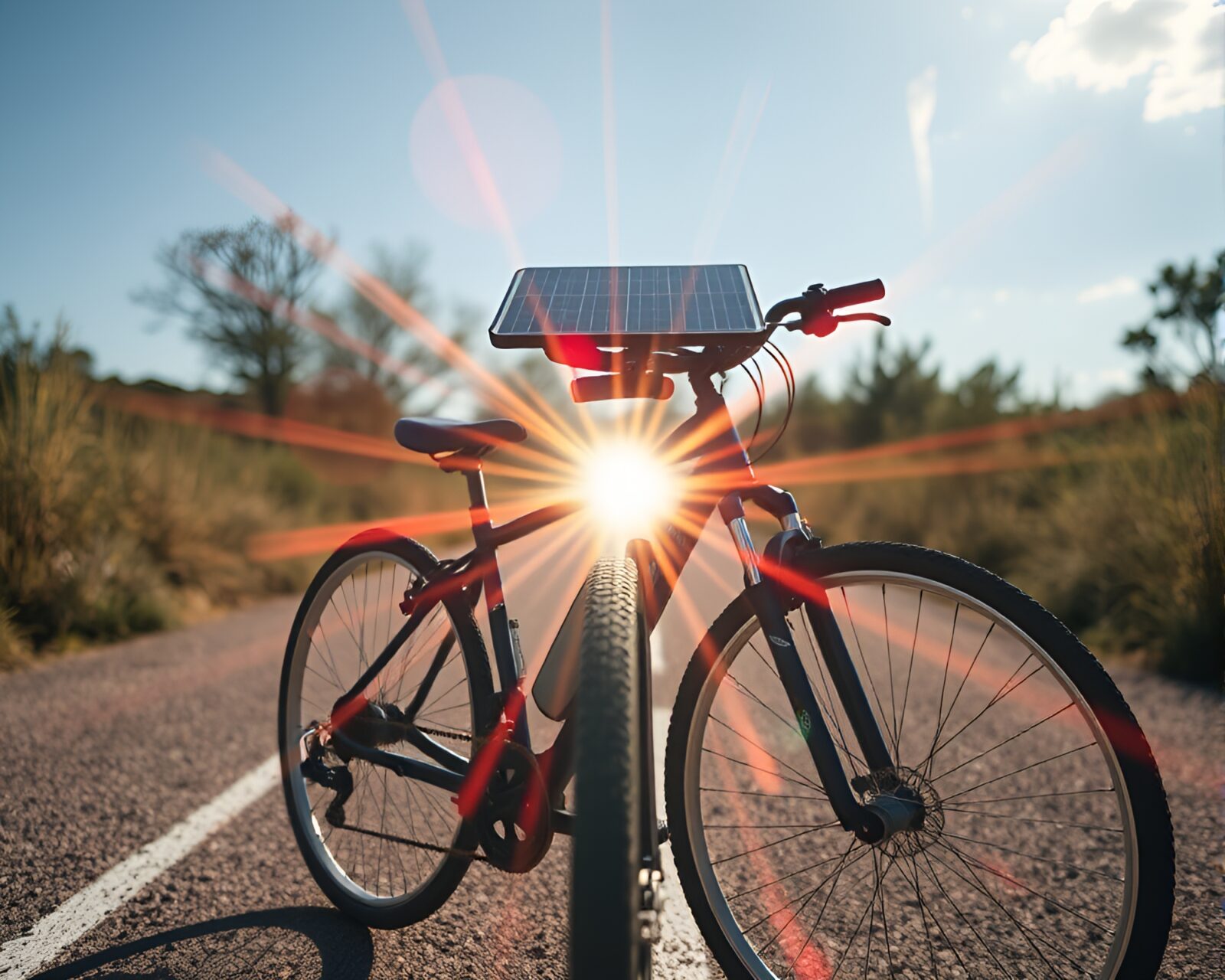 Solar-powered bike radiating under lens flare bursts in photocollage