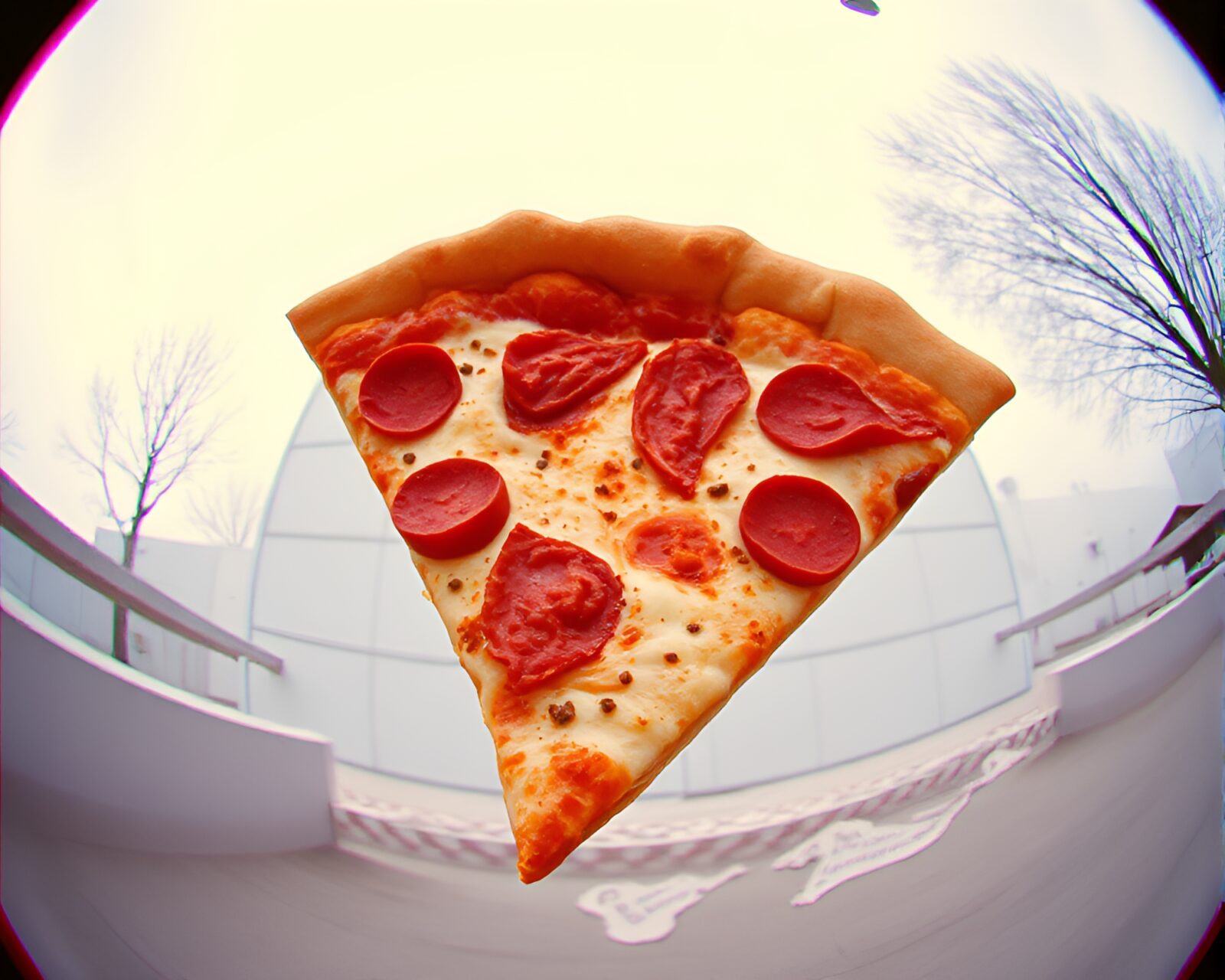 Infrared photo of fish-eye pizza slice with vintage look
