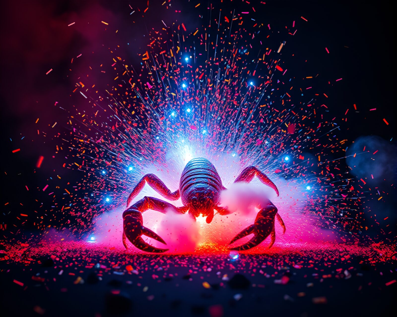 Vibrant LED lights form scorpion shape amidst colorful explosion clouds.