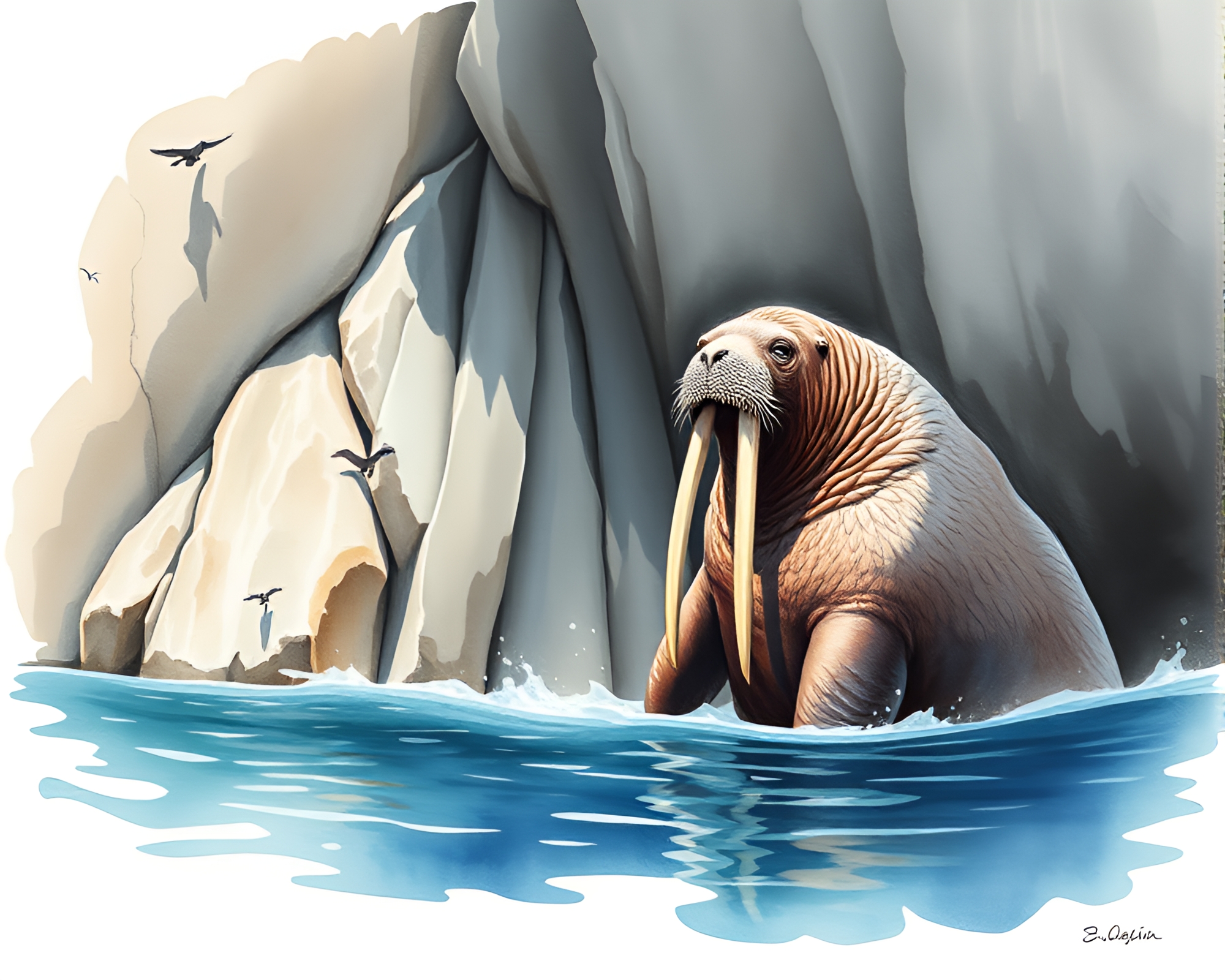 Majestic Walrus overlooking misty cliff’s reflection – free AI stock image