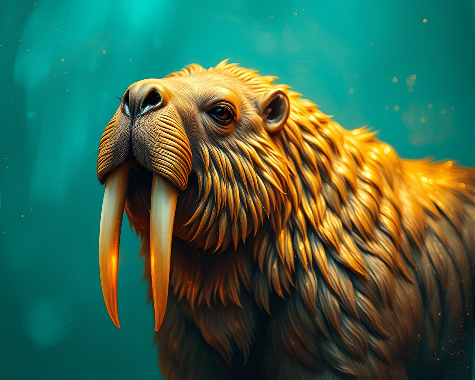 Turquoise Walrus Swimming in Gold Foil Highlights – free AI stock image