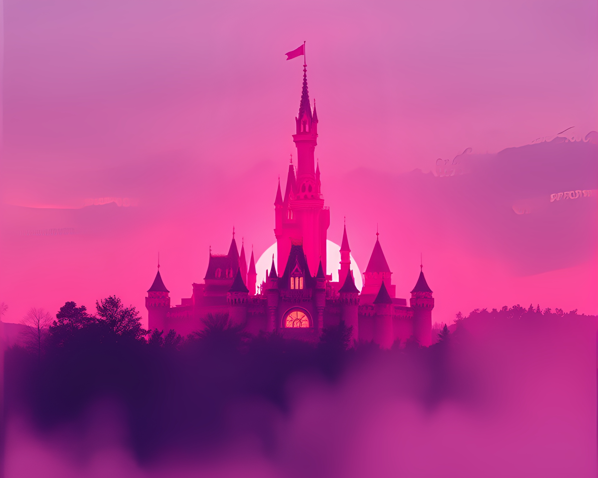 Dust Overlay Castle Silhouette at Sunrise – free AI stock image