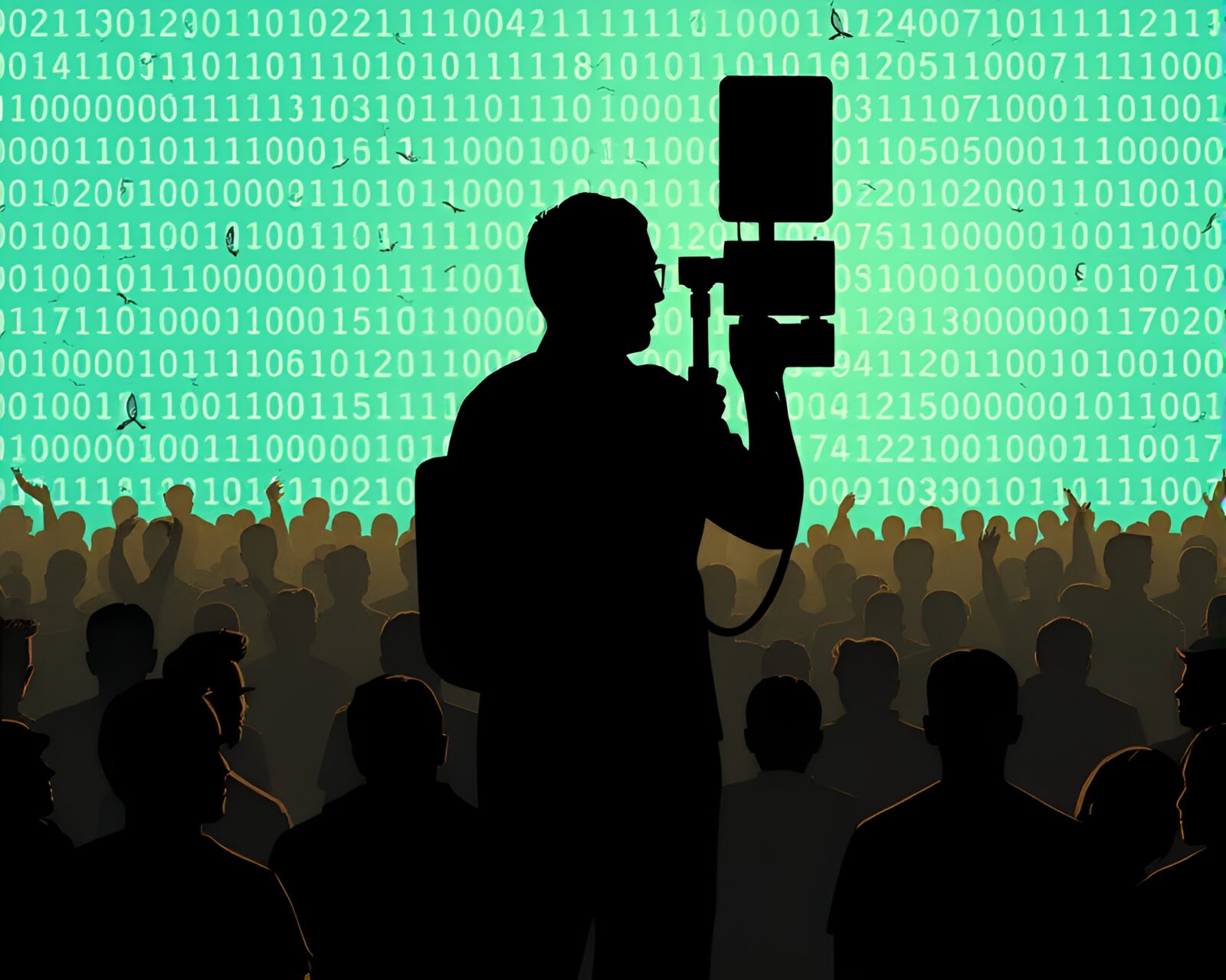 Silhouettes of bustling crowd under turquoise Morse code light