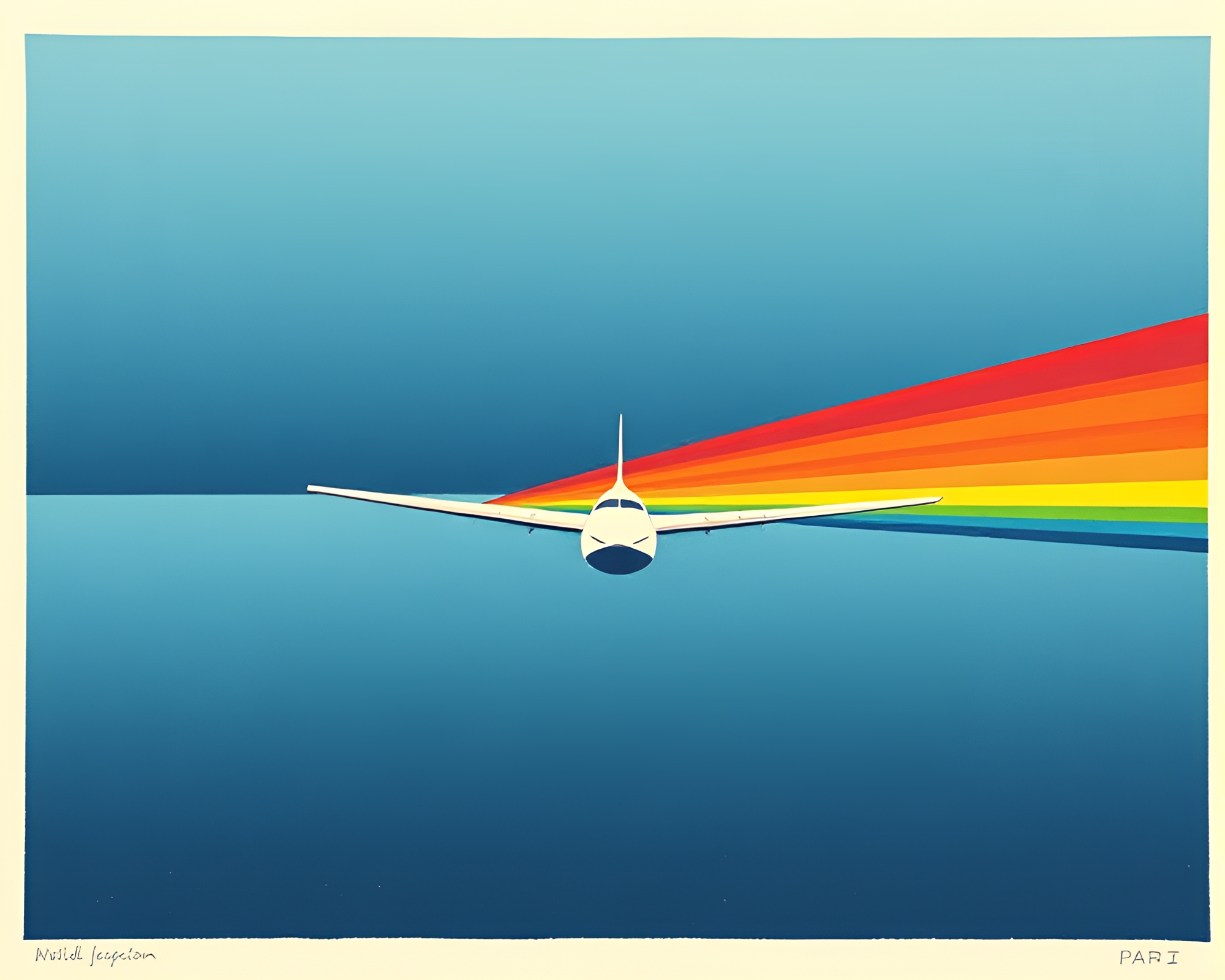 Minimalist Sea Plane in Rainbow Spectrum Woodblock Print – free AI stock image