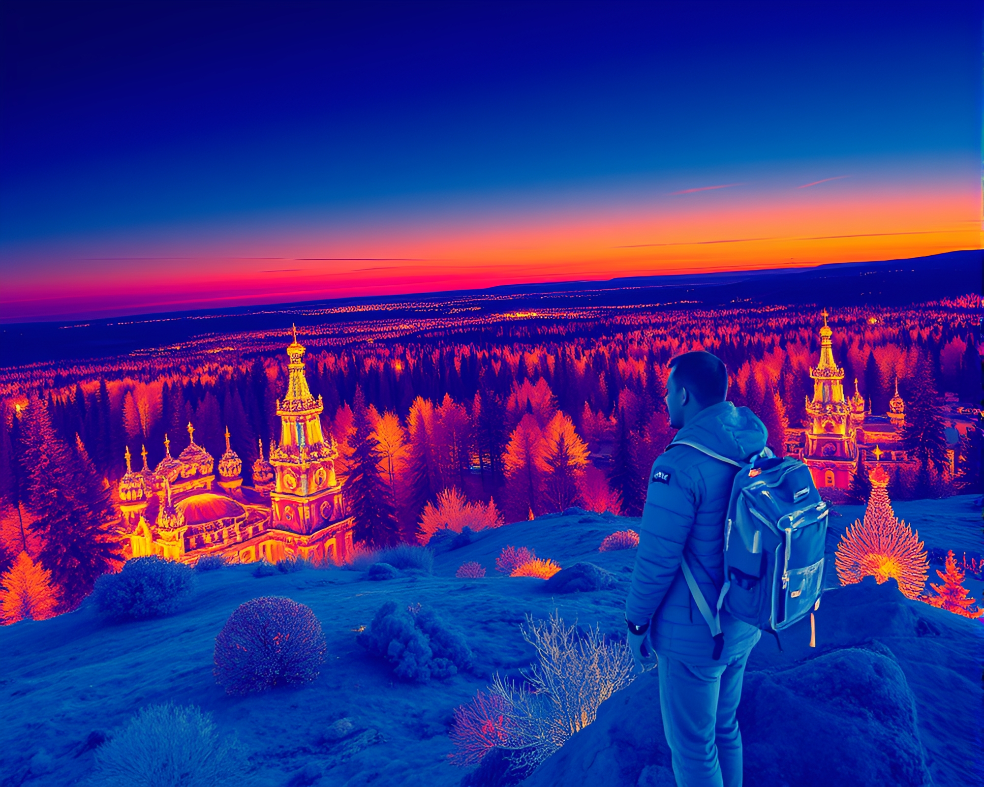 Temporal Threads: Dusk Thermal Traveler Mosaic – free AI stock image