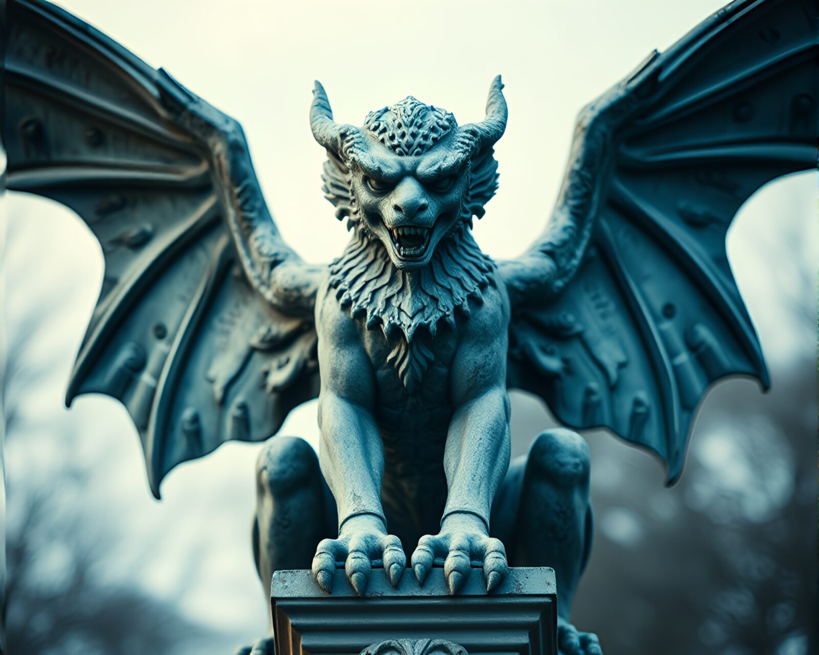Symmetrical arrangement of vaporwave-inspired gargoyle statue with film grain effect.