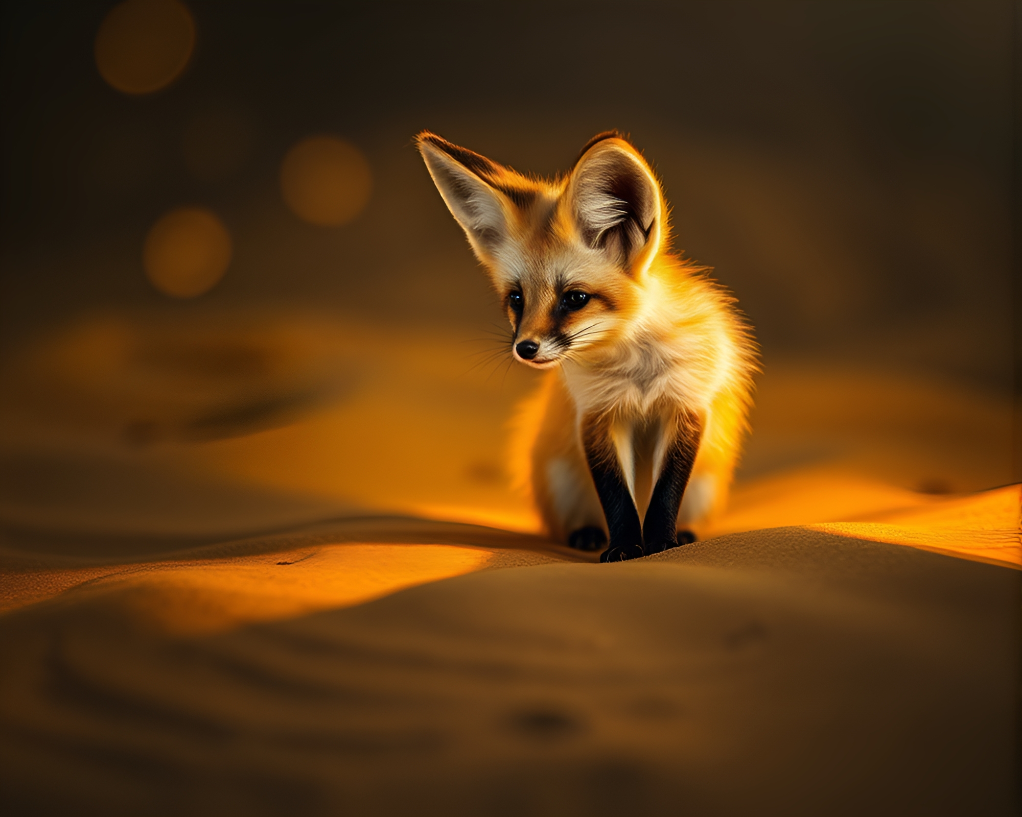 Fennec Fox in Torchlit Sand Swirls – free AI stock image