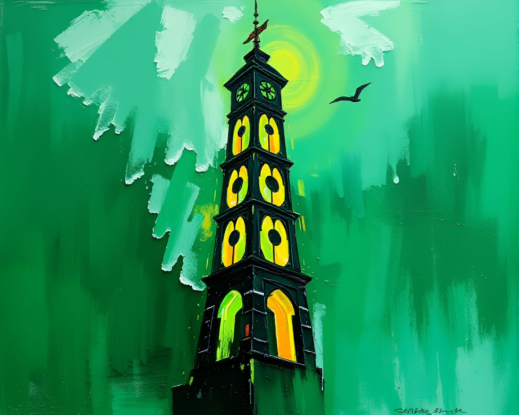 Majestic Tower in Emerald Green Expressionist Painting – free AI stock image