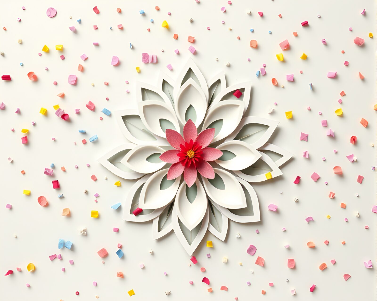 Vibrant paper cutout artwork of intricate blossom patterns