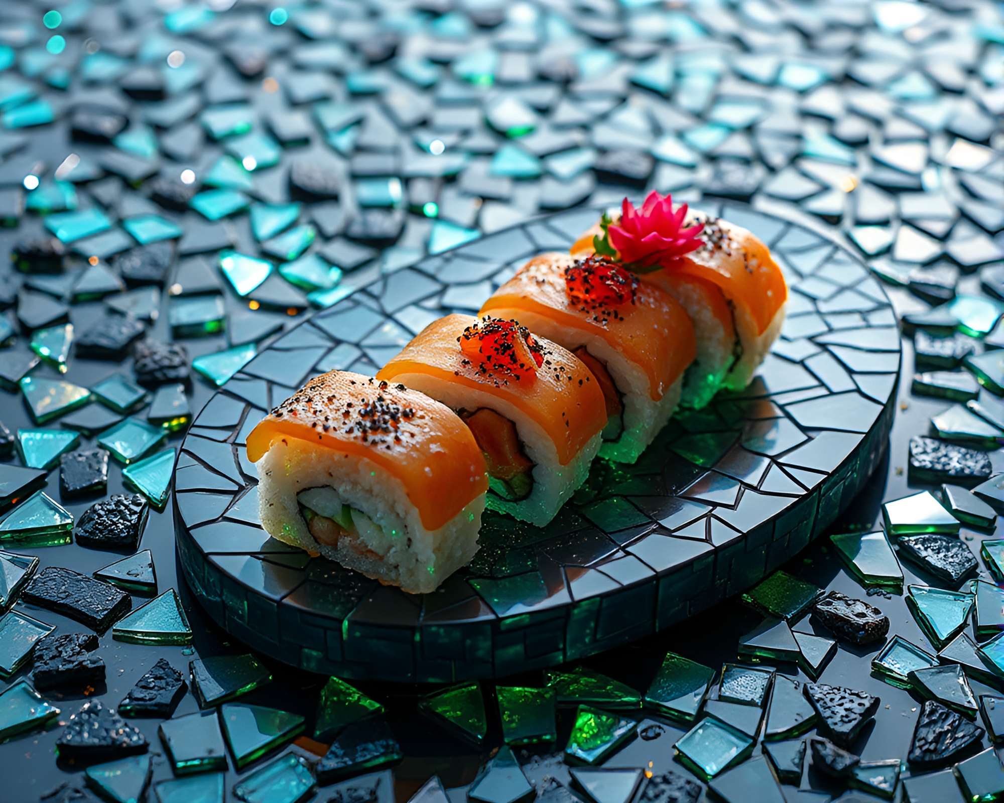 Mosaic Sushi: Ethereal Glowing Platter – free AI stock image