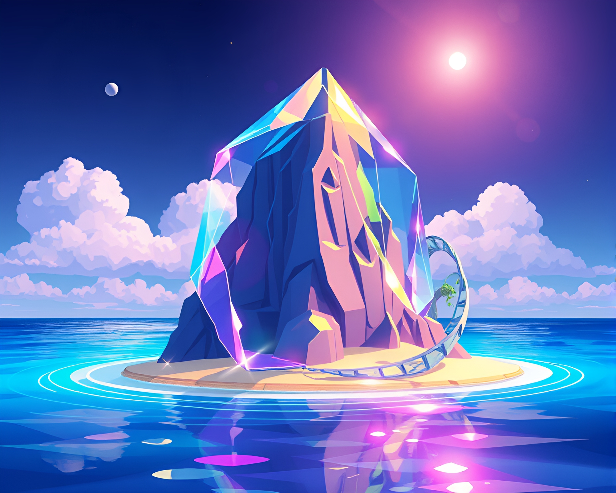 Glass Distortion: Ultraviolet Island In Cartoon Style – free AI stock image