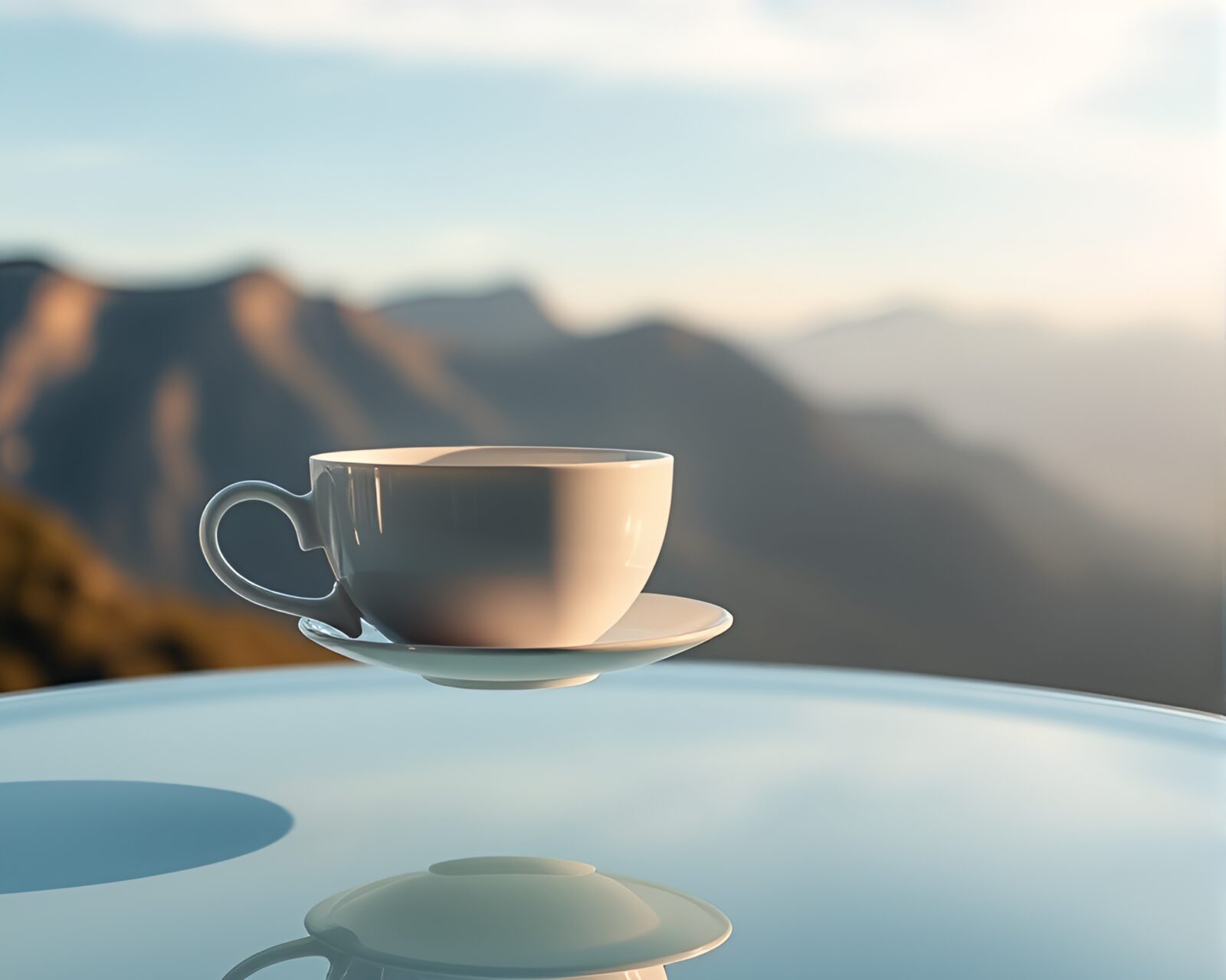 Surreal floating teacup under disco ball in minimalist space