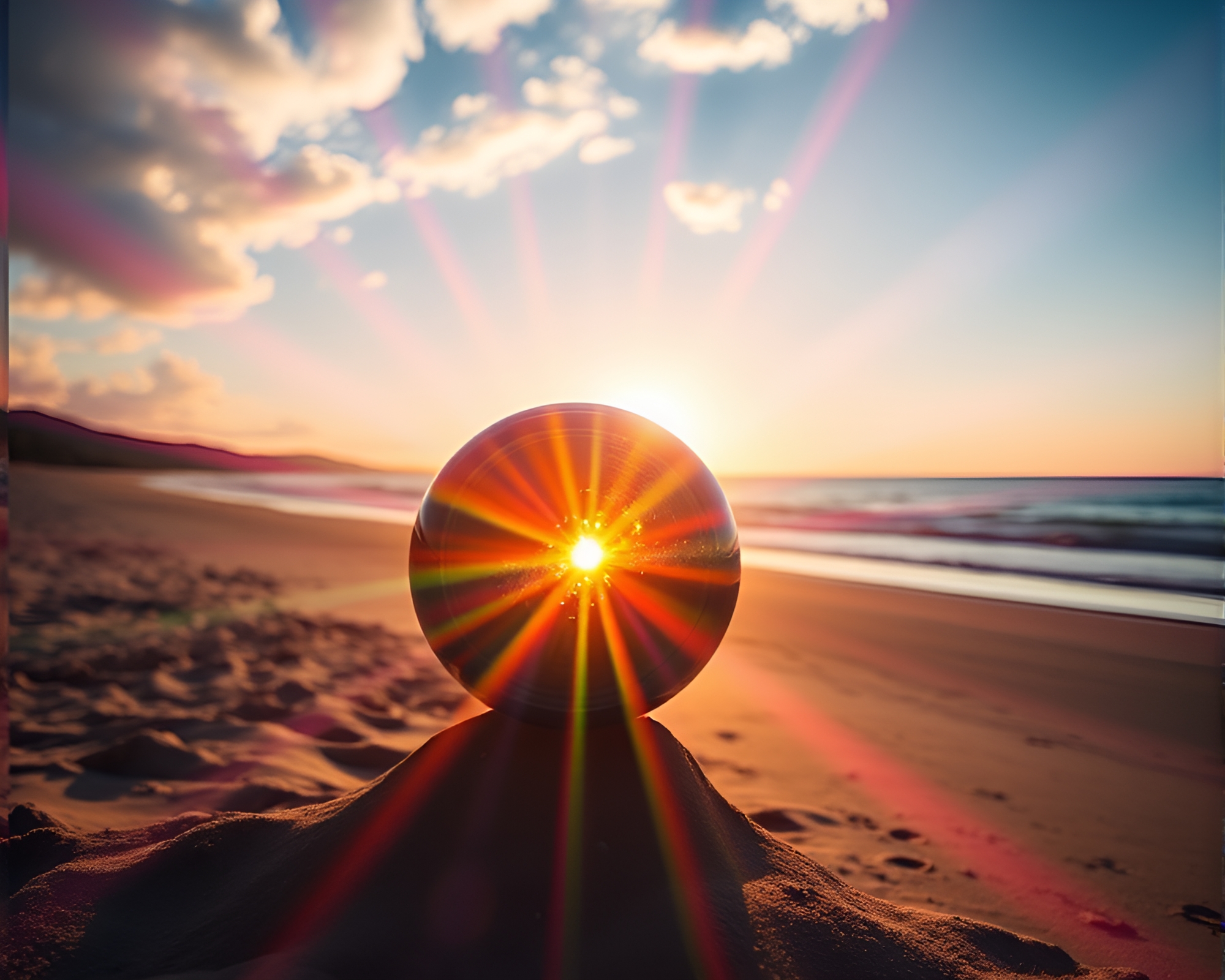 Radiant Beach Sunset with LED Light Patterns – free AI stock image