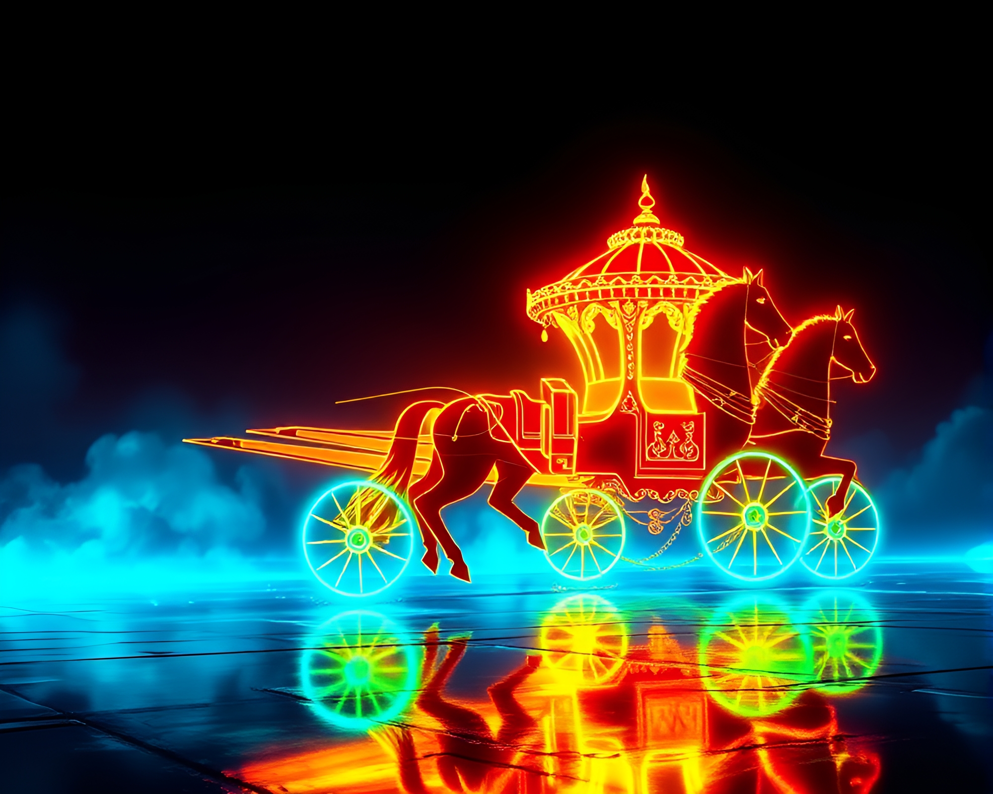 Neon Chariot Silhouette Illustration with Fluorescent Glow – free AI stock image