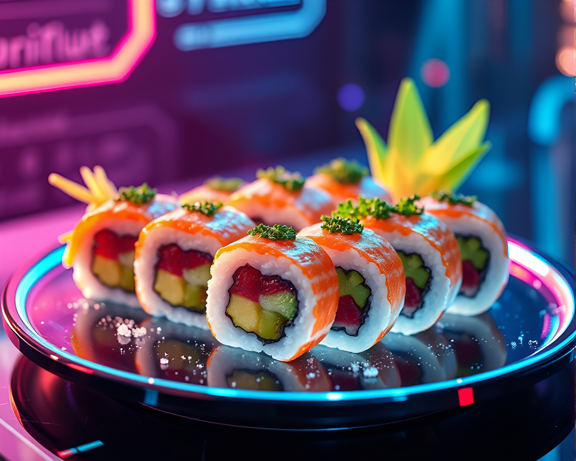 Futuristic Sushi Platter with Iridescent Pixelation – free AI stock image
