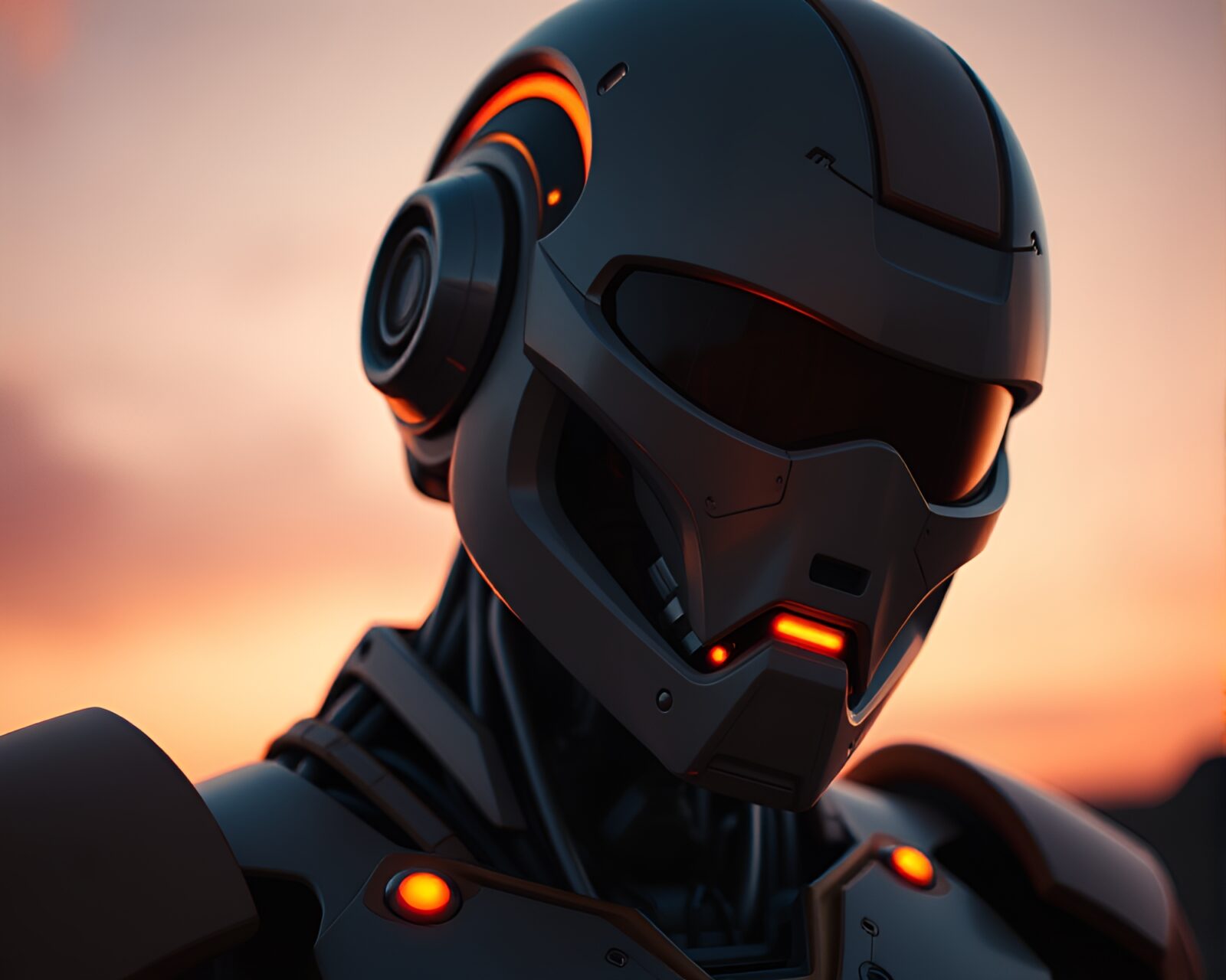 Low-angle shot of cyborg warrior in warm orange light