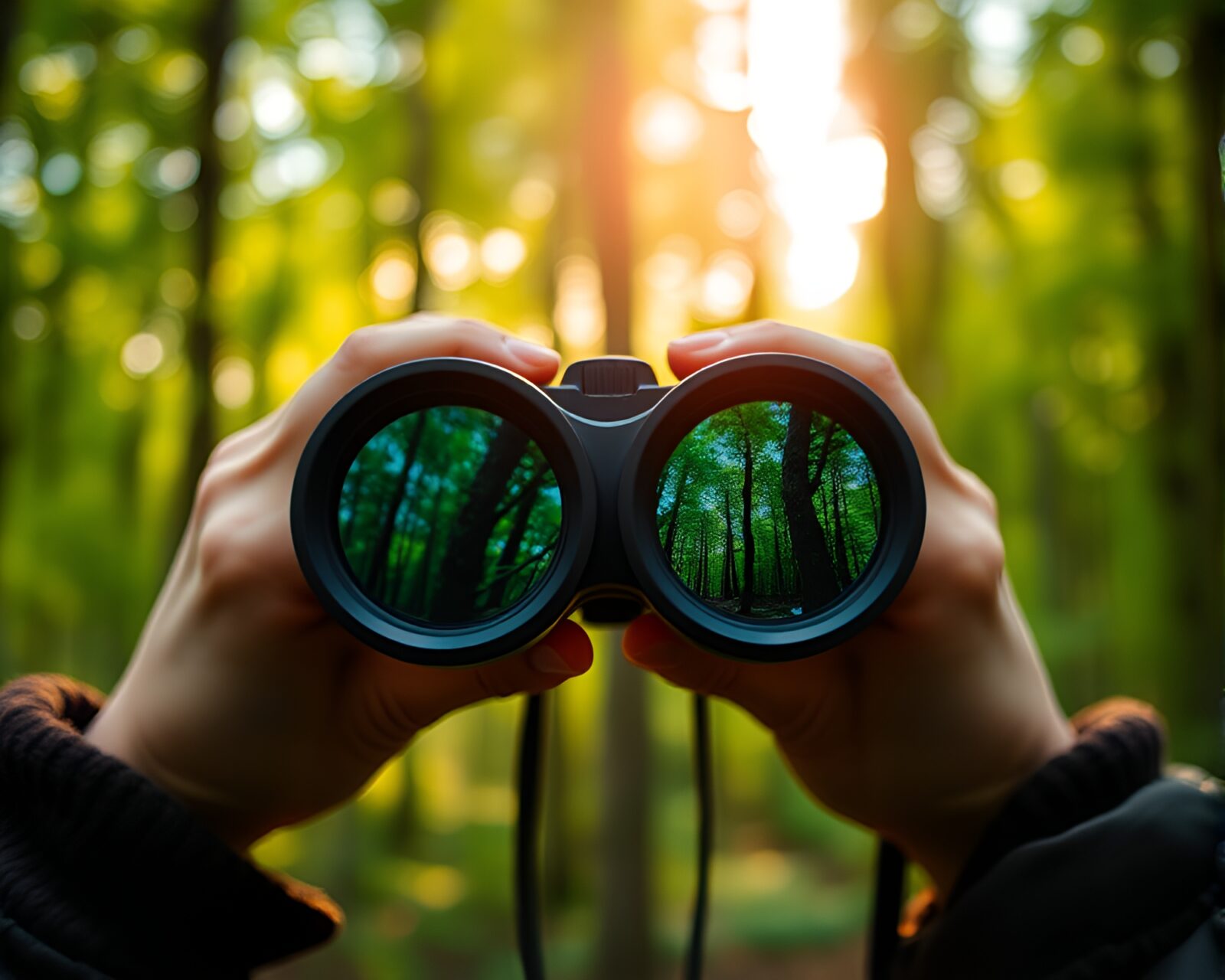 Binoculars focused on mystical green forest with bokeh effect