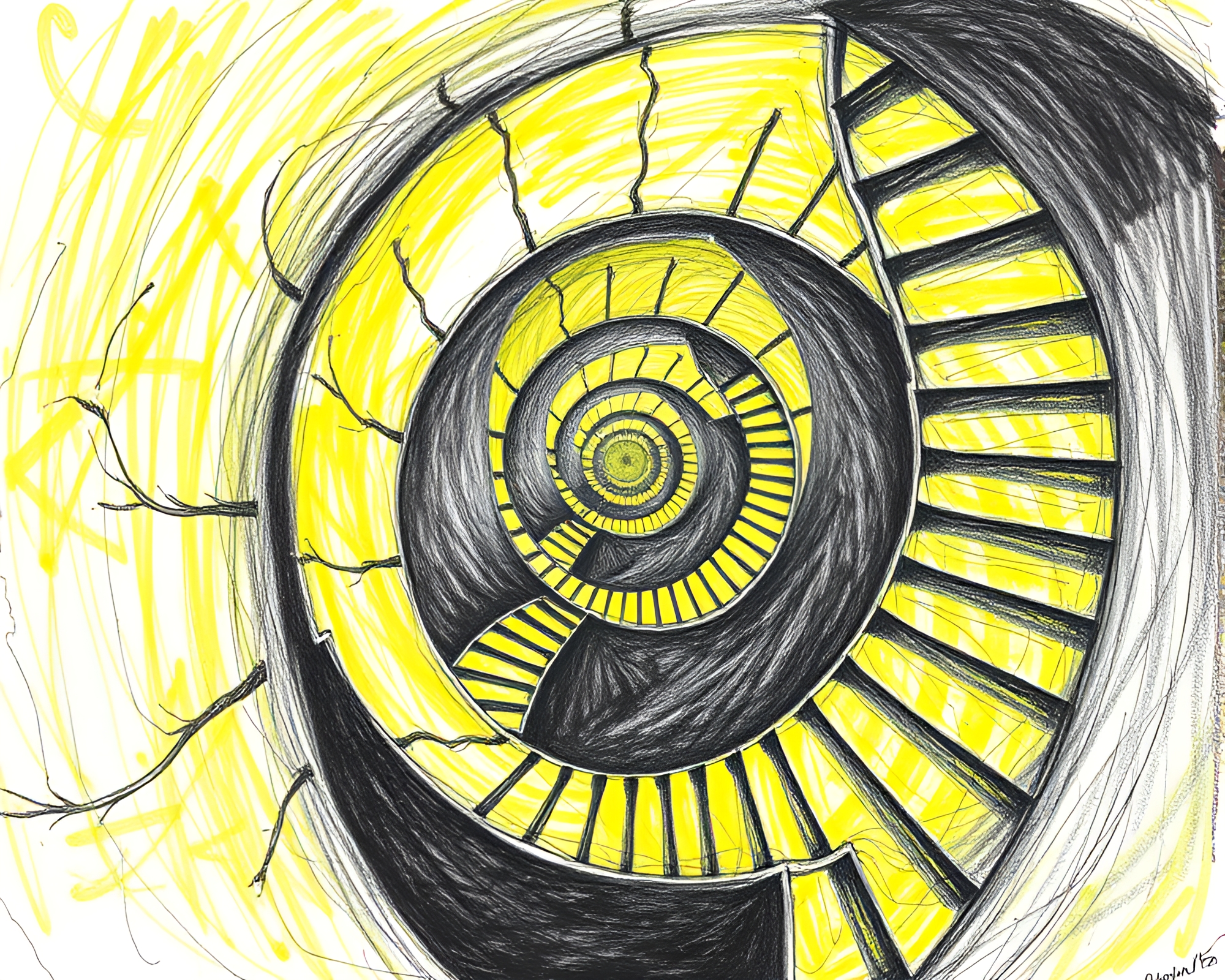 Lemon Zest Spiral Staircase Conté Drawing – free AI stock image