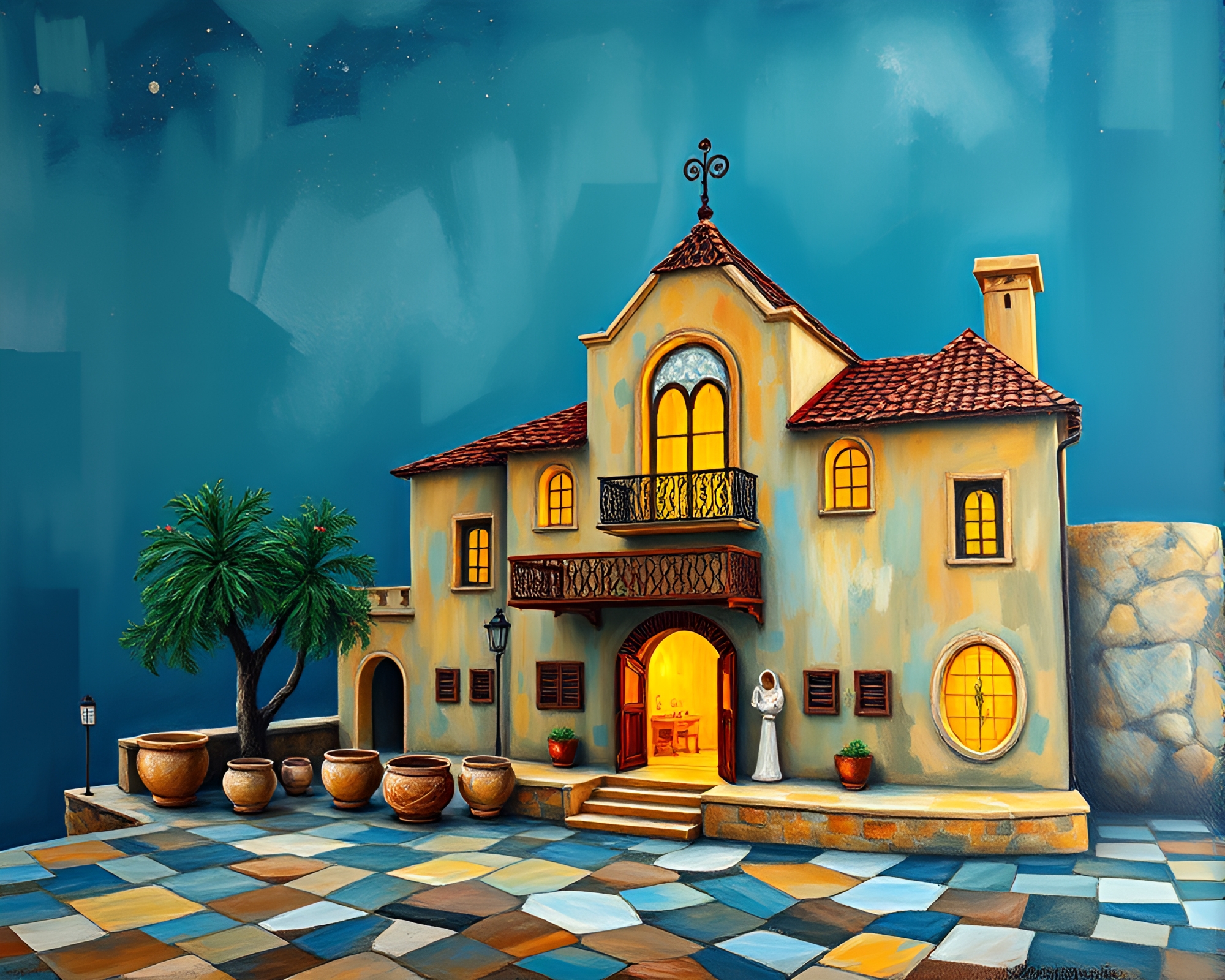 Rustic Pottery Under Opera-House Glow in Action Painting – free AI stock image