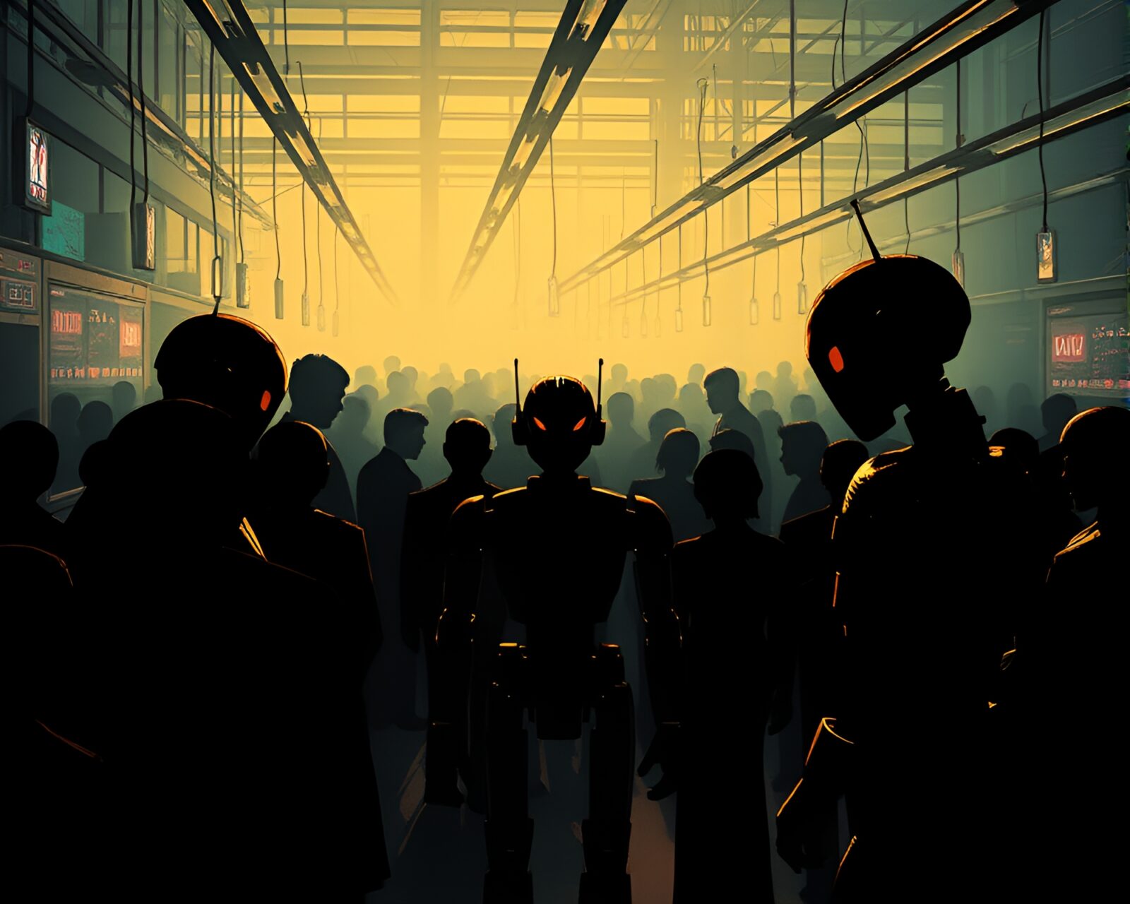 Lithographic illustration of futuristic robotics lab with iridescent lighting