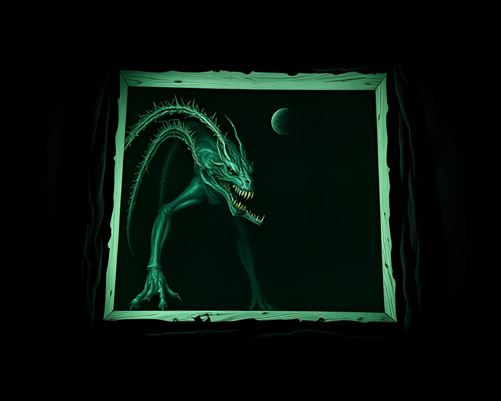 Sinister triple-headed dog in dark, framed alleyway scene
