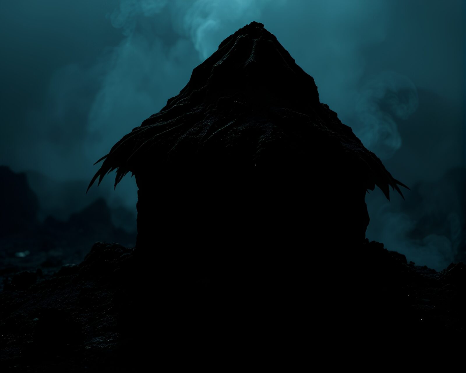 A holographic mud hut silhouette against volcanic ash sky