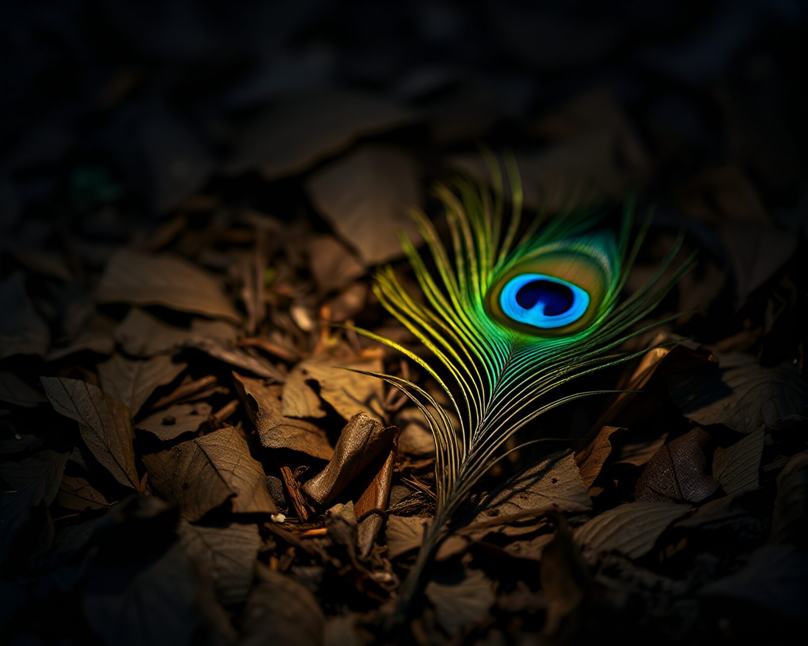 Colorful peacock feather in torchlight glow among fallen leaves