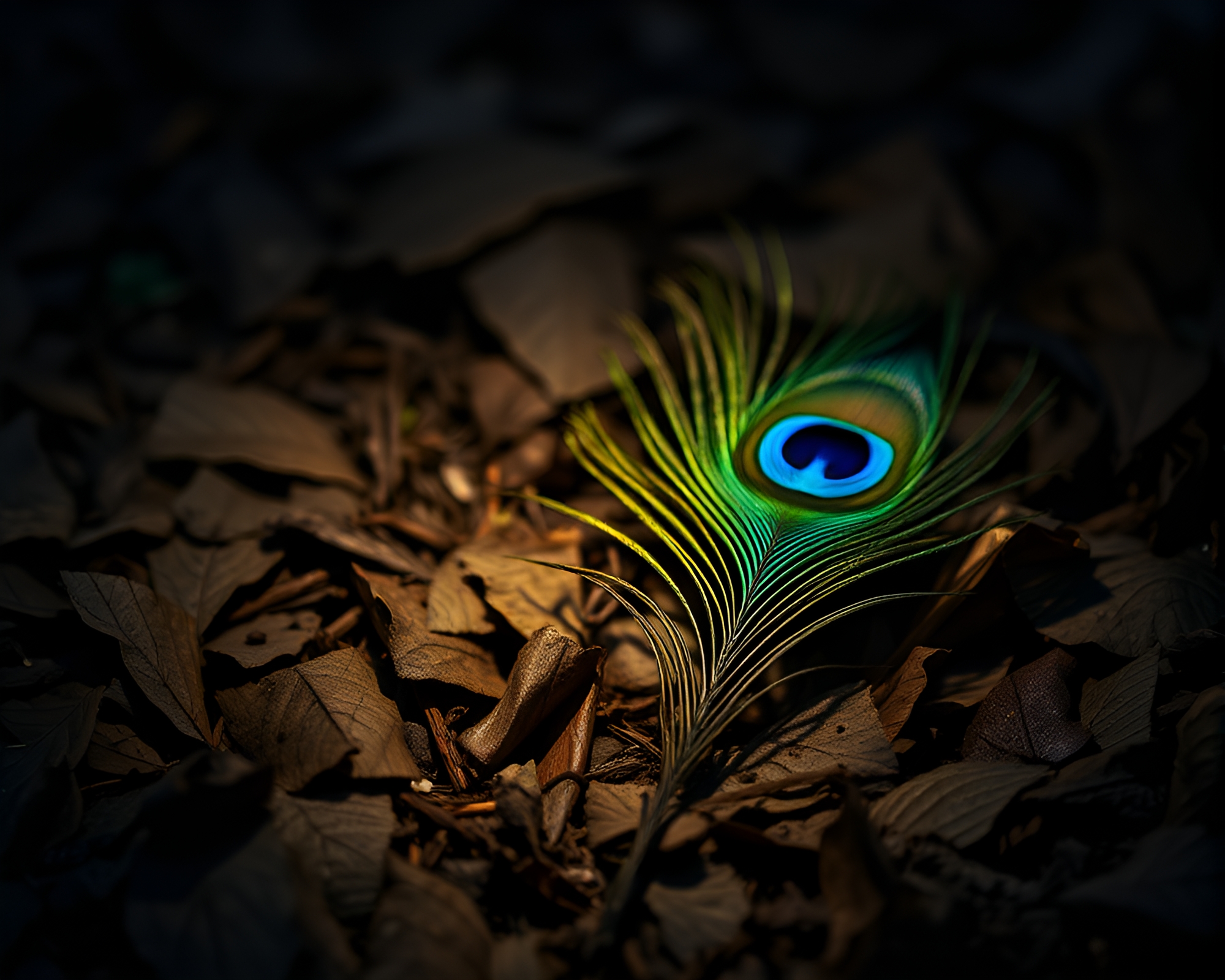 Peacock Feather Data Visualization Among Leaf Litter – free AI stock image